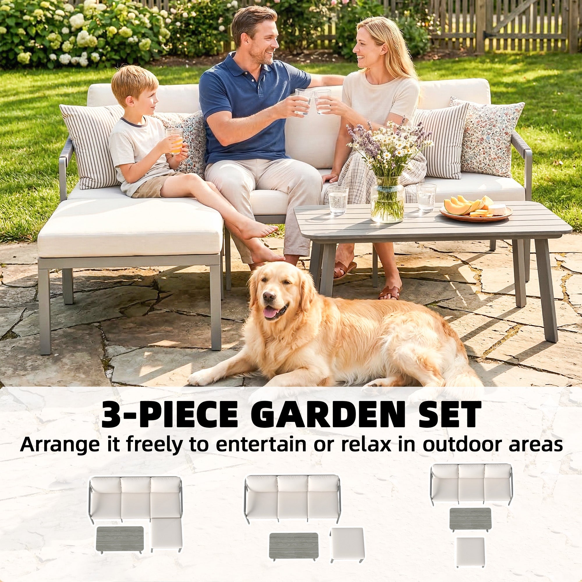 3 Piece Garden Dining Set, Outdoor Patio Furniture with 3 Seater Sofa, Footstool, Coffee Table and Cuhsions
