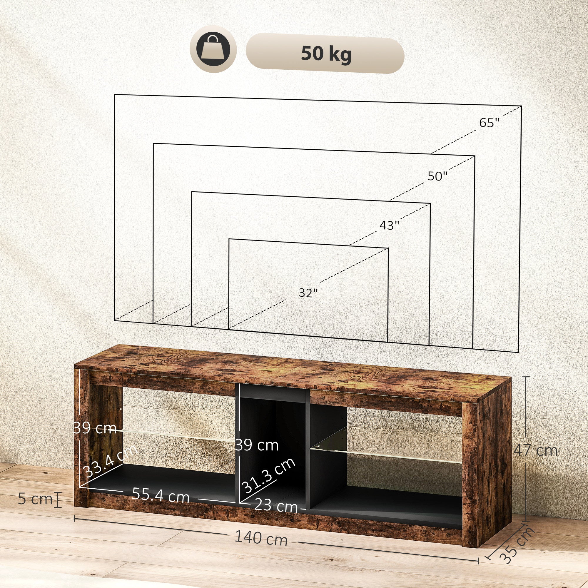 TV Stand Cabinet with LED Lights and Remote Control for TVs up to 65", Entertainment Centre with Storage Shelves and Compartment, Rustic Brown