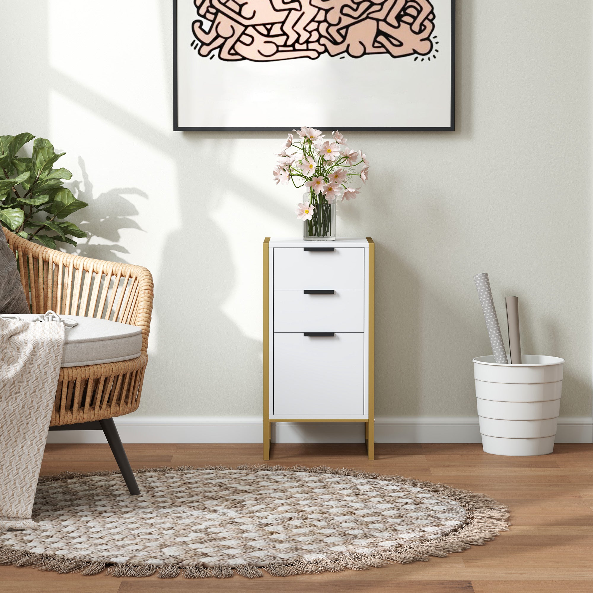 Bedroom Chest of Drawers, Industrial 3-Drawer Dresser, Storage Drawers Unit with Metal Frame for Living Room, White