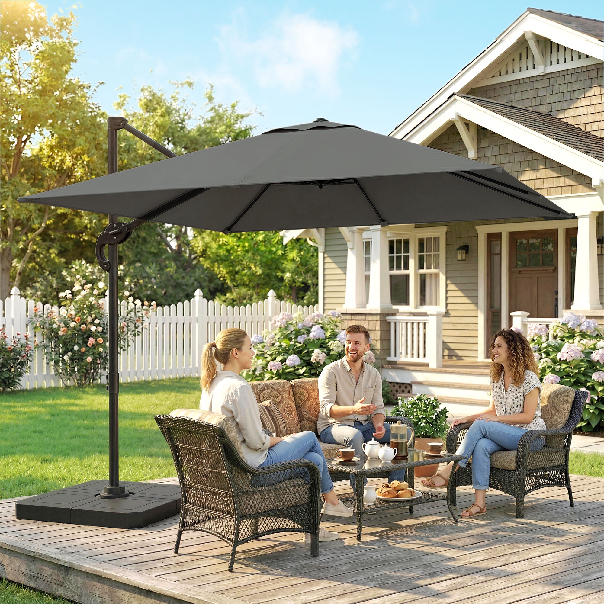 2.4 x 2.4m Cantilever Parasol with Umbrella Weights, UPF50+ Offset Outdoor Umbrella w/ Easy Tilt Adjustment, Dark Grey