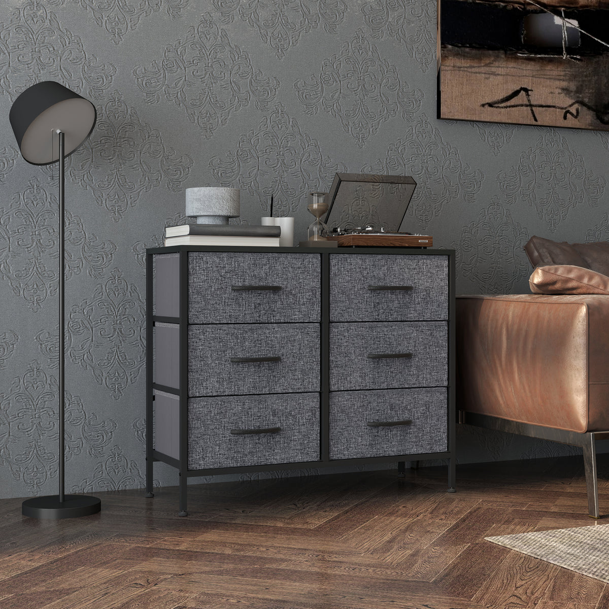 Industrial Fabric Chest of Drawers with 6 Storage Drawers, Steel Frame & Wooden Top - Black