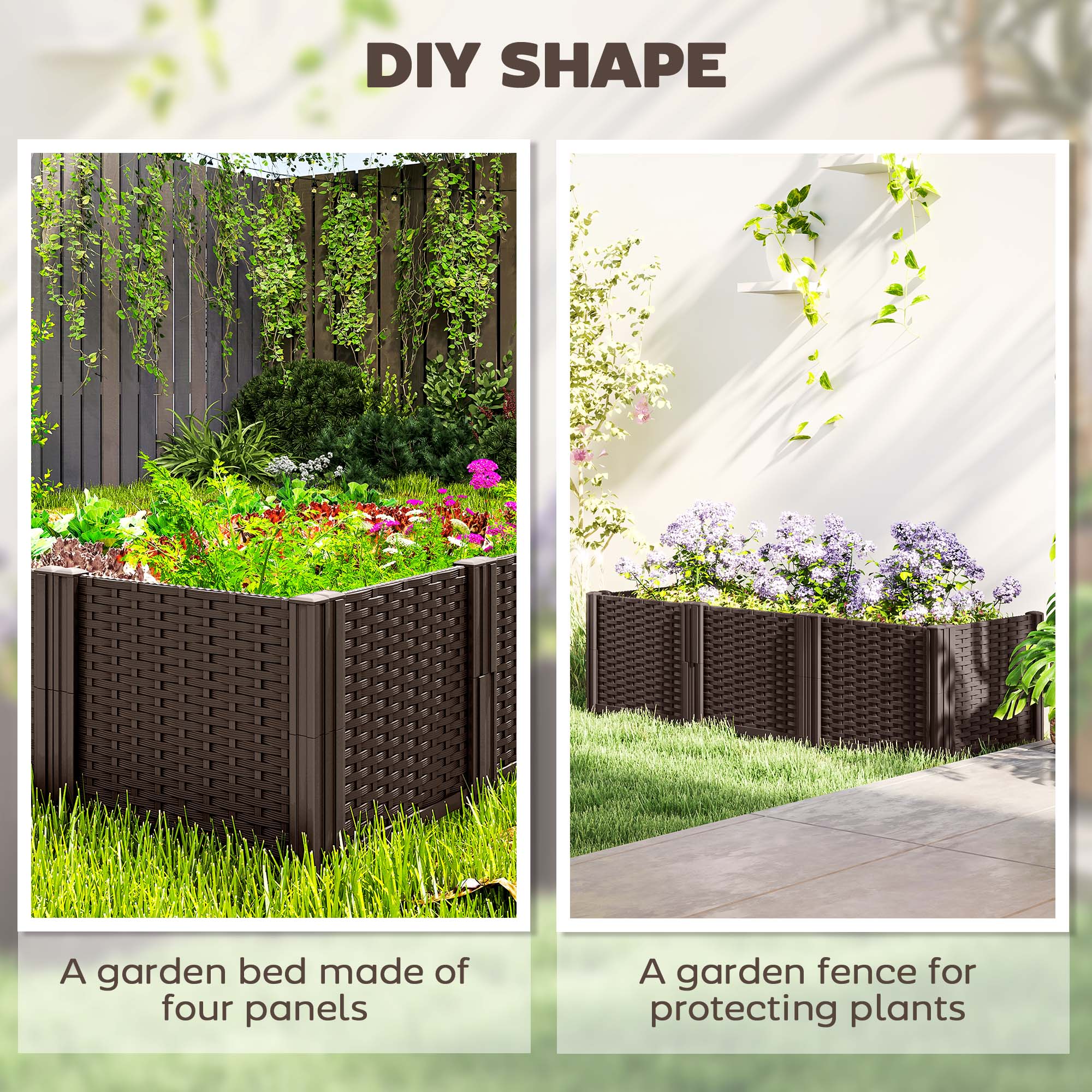 Modular Plastic Raised Garden Bed Kit with Fence Edging - Brown