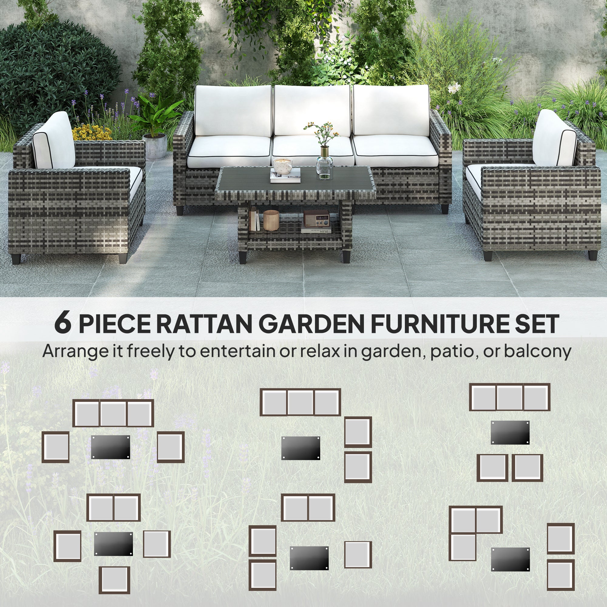 6 Piece Rattan Garden Furniture Set with Cushions - Light Grey