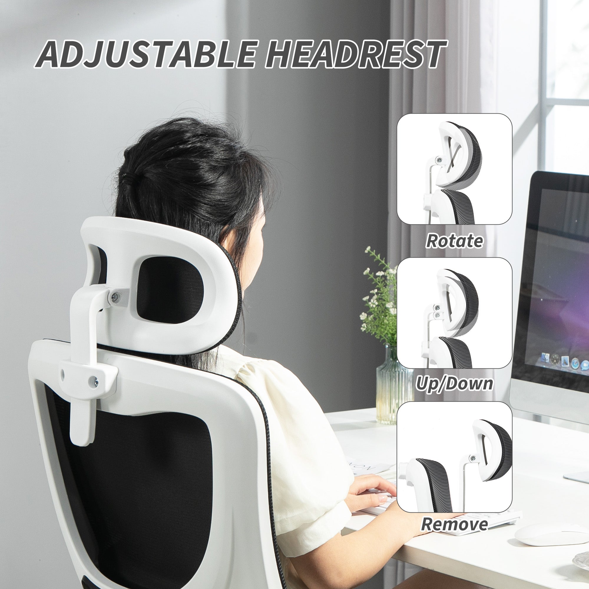 Ergonomic Office Chair, High Back Mesh Computer Desk Chair with Adjustable Headrest and Lumbar Support, Rotatable Armrests, Tilt Function for Home Office, Black
