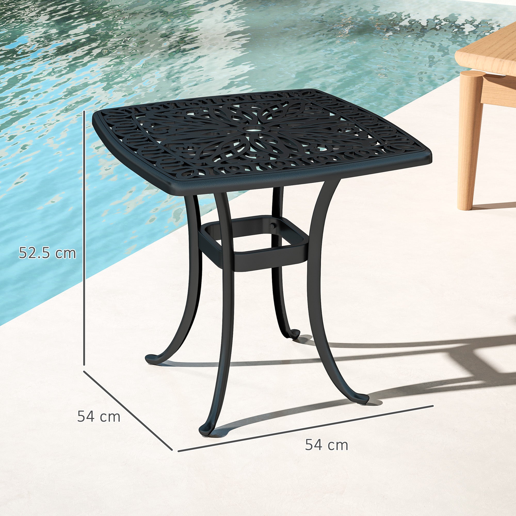 Outdoor Garden Table with 38mm Dia. Umbrella Hole, Cast Aluminium Patio End Table with Anti-slip Foot Pads for Garden, Patio, Balcony, 54 x 54cm, Black