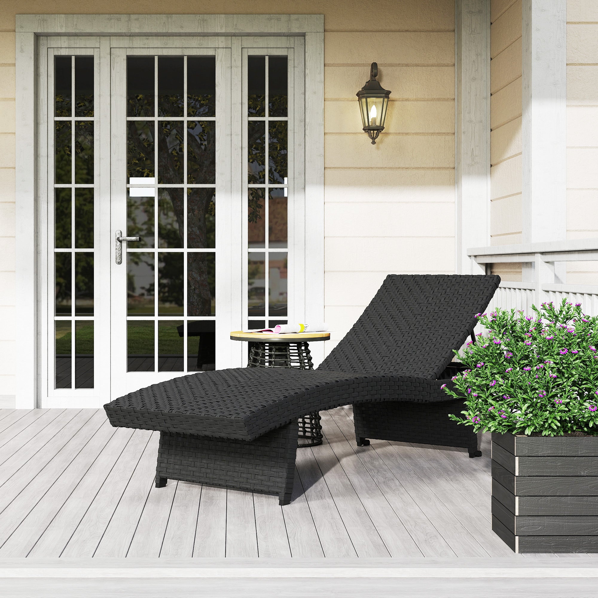 1 Piece Outdoor PE Rattan Sun Lounger with Wheels - Black