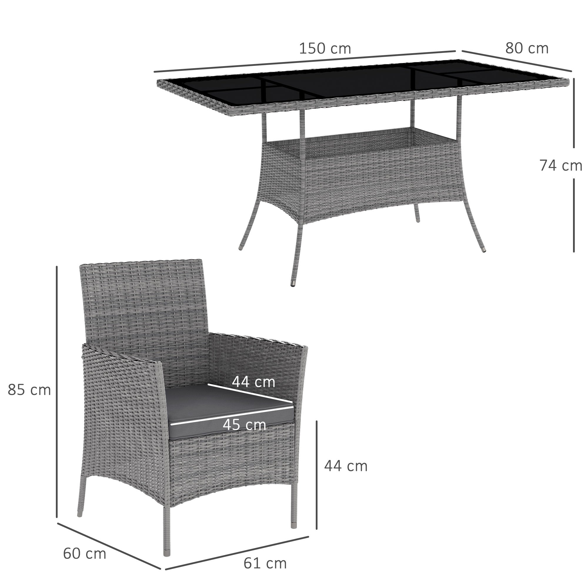 7-Piece 6-Seater Rattan Garden Dining Set with Cushions and Rectangular Glass Table - Charcoal Grey