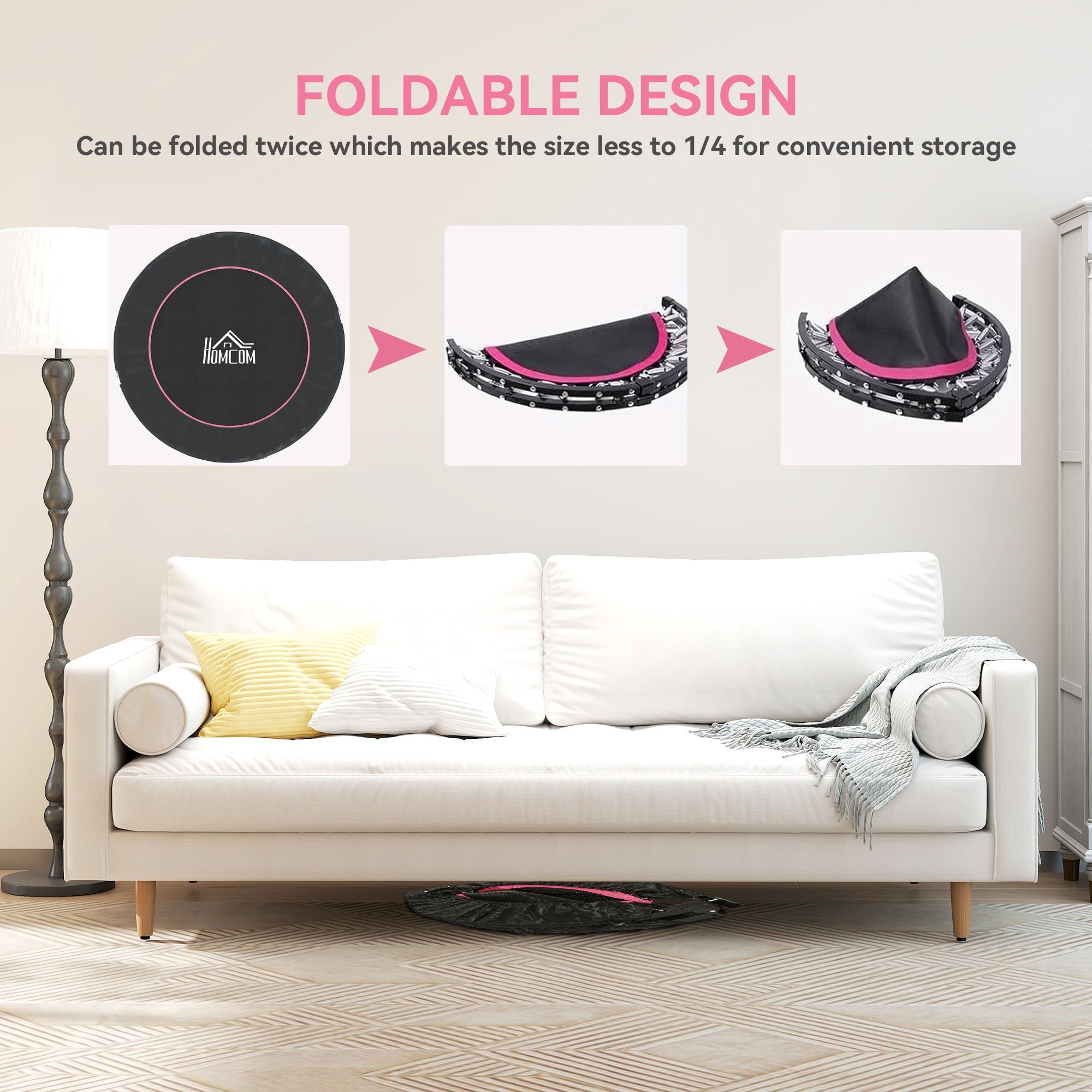 48" Foldable Mini Fitness Trampoline, with Adjustable Foam Handle, Pink