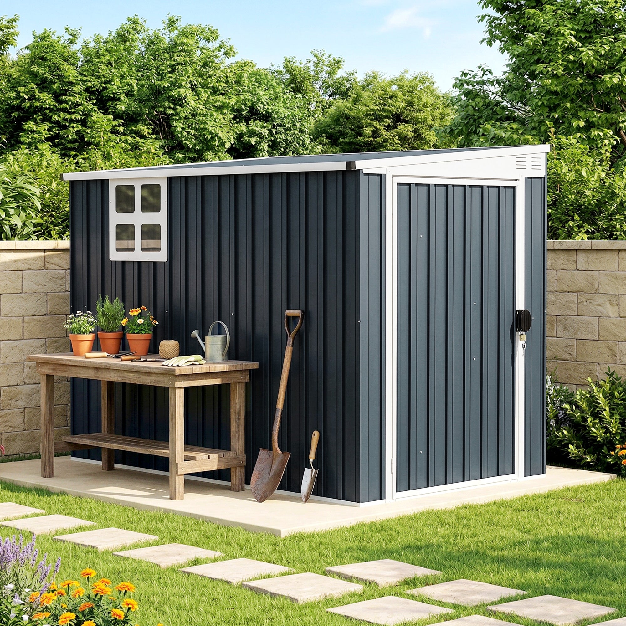 7.6 x 4ft Garden Metal Shed, Outdoor Storage Shed with Window, 2 Vents and Lockable Door for Garden, Patio, Dark Grey