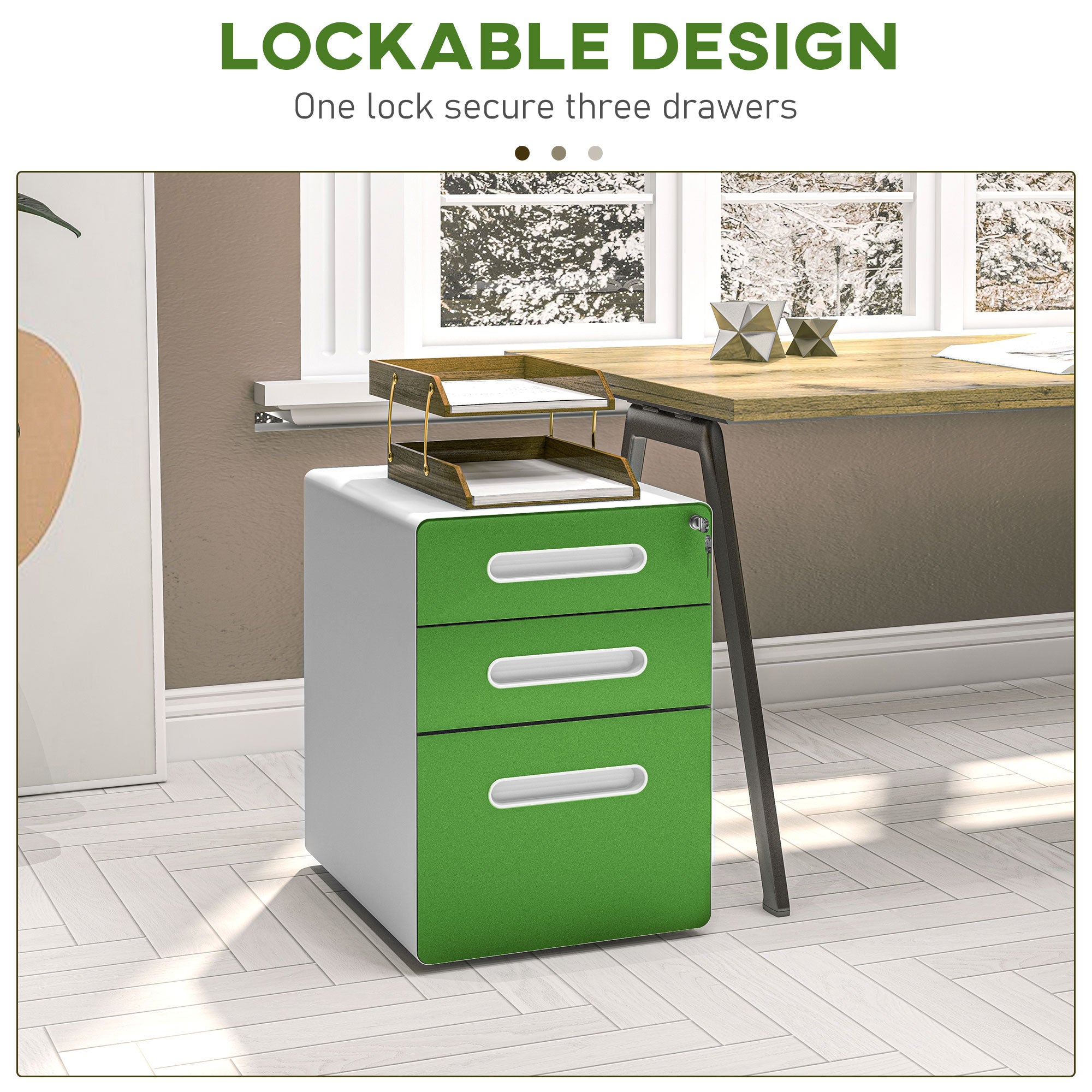 3 Drawer Filing Cabinet, Steel Lockable File Cabinet with Lock and Wheels, for A4, Letter, Legal Sized Files, Green