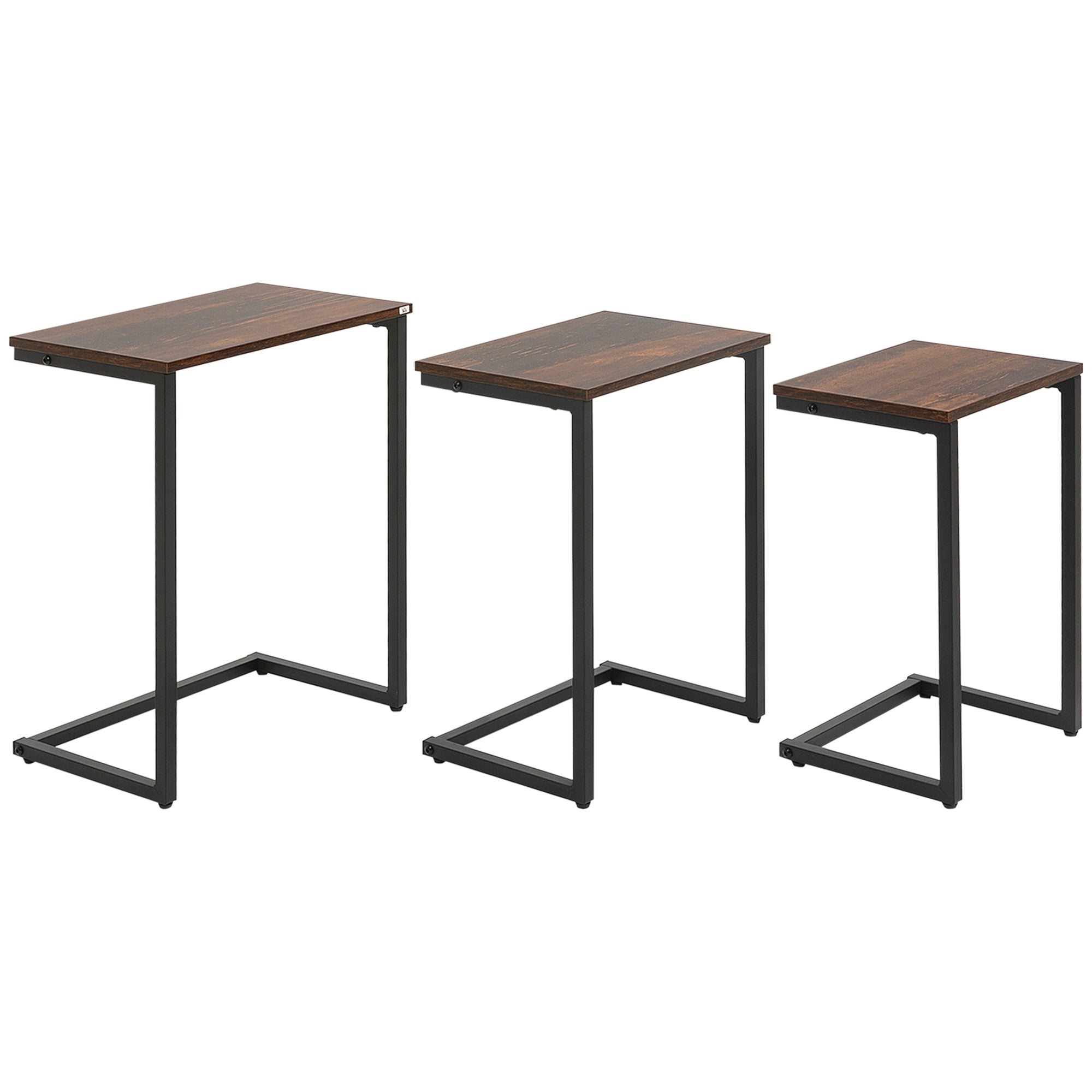 Nesting Side Tables Set of 3, C-Shaped Snack Side Tables with Steel Frame for Sofa Couch and Bed, Rustic Brown