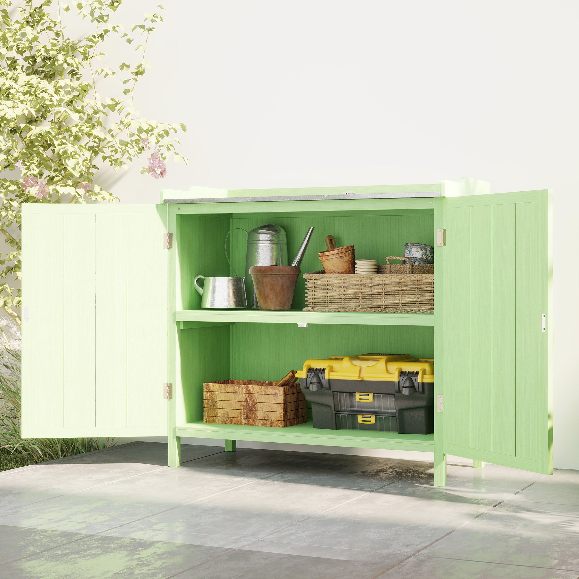 Wood Garden Storage Cabinet, Outdoor Tool Shed, Potting Bench Table with galvanised Top and Two Shelves for garden Tools or Pool Accessories, Green