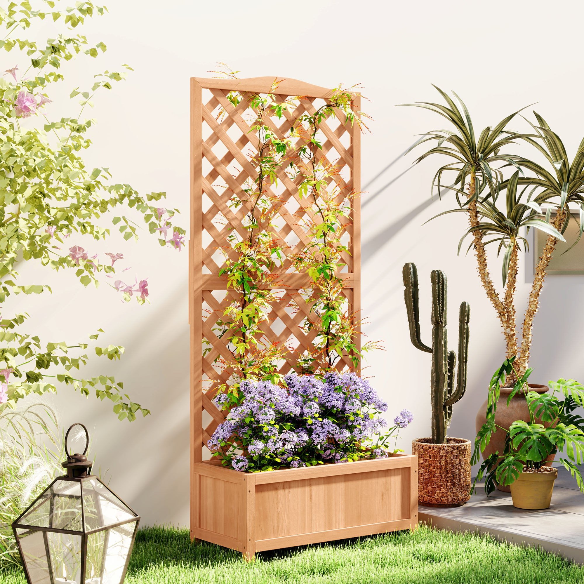 Wooden Planter with Trellis, Freestanding Raised Bed for Garden with Lattice, Outdoor Planter Box for Climbing Plants, Vines, Flowers, 76 x 36 x 170 cm, Natural