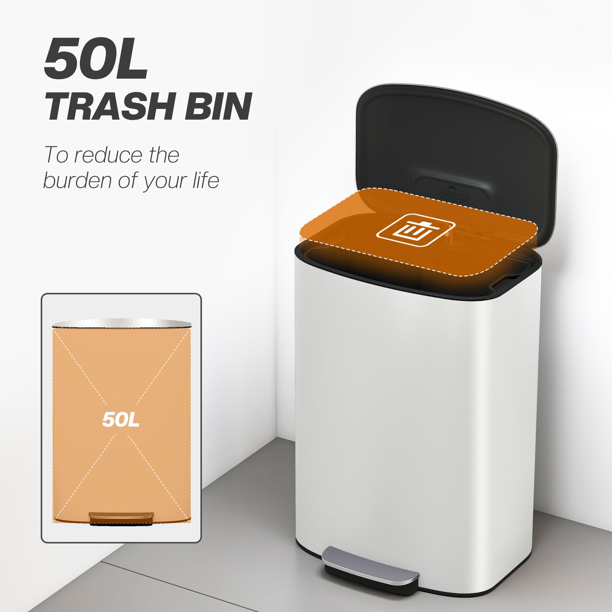 50L Kitchen Bin with Soft-Close Lid and Stay-Open Function, Stainless Steel Pedal Bin with Removable Inner Bucket, Carry Handle for Kitchen, Office, Home, Cream