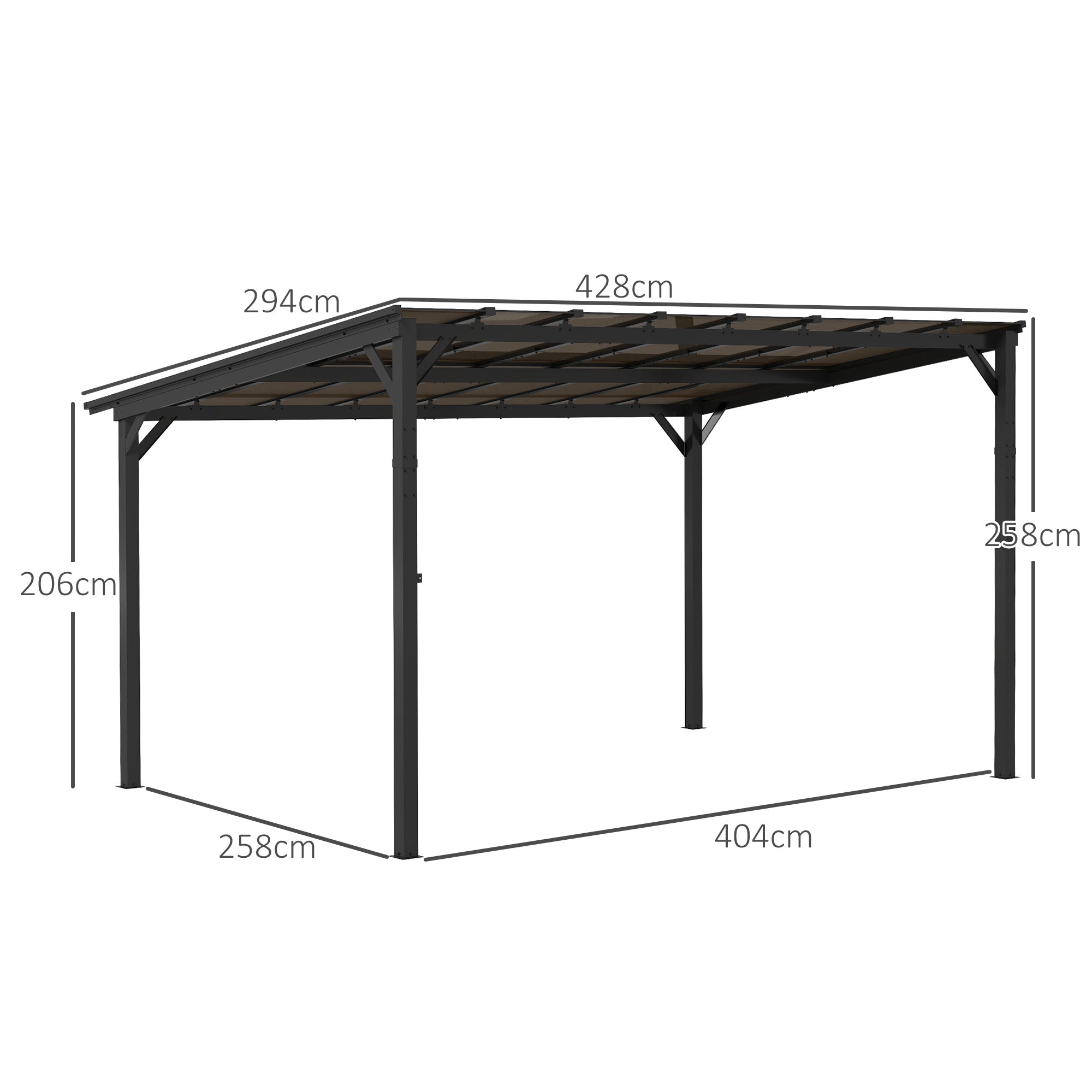 3 x 4.3m Metal Pergola with UPF 50+ and Waterproof Polycarbonate Roof, Wall-Mounted or Free Standing Garden Gazebo, Wind-resistant Outdoor Sun Shade, Dark Grey