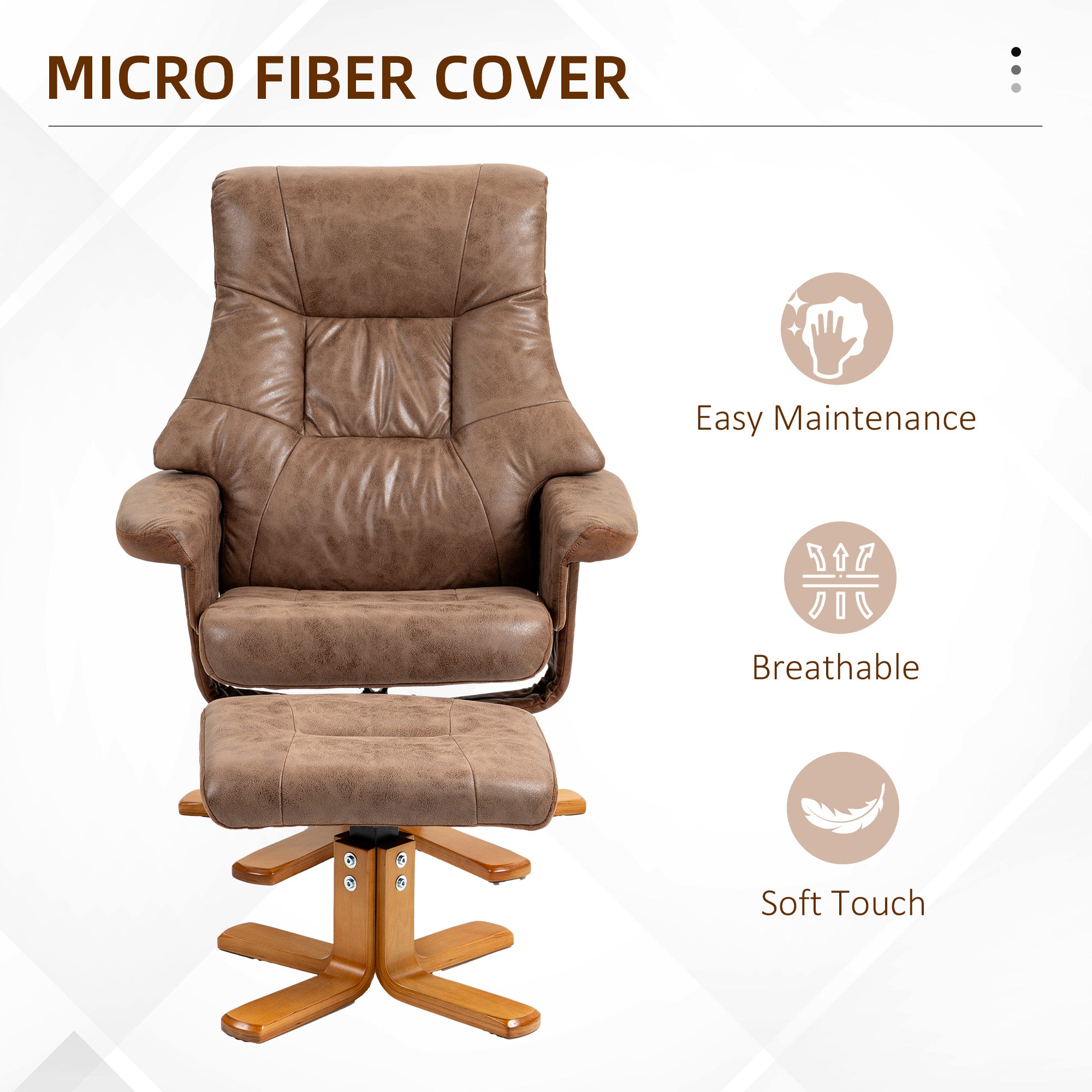 Recliner Chair With Footstool, Swivel Lounge Armchair, 135° Reclining Chair With Soft Padded Seat and Armrest For Living Room, Bedroom, Brown