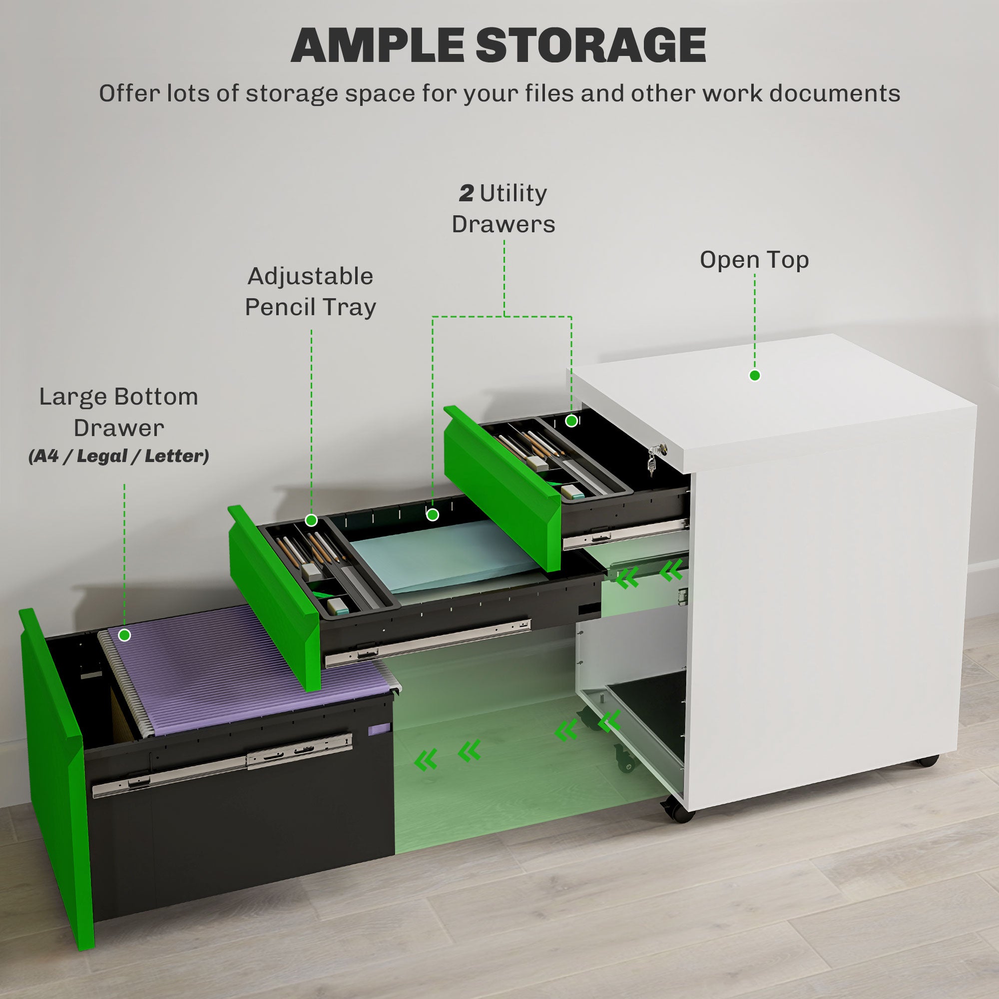 3 Drawer Filling Cabinet, Mobile Metal File Cabinet with Anti-tilt Design for Letter, A4, Legal Size, Green