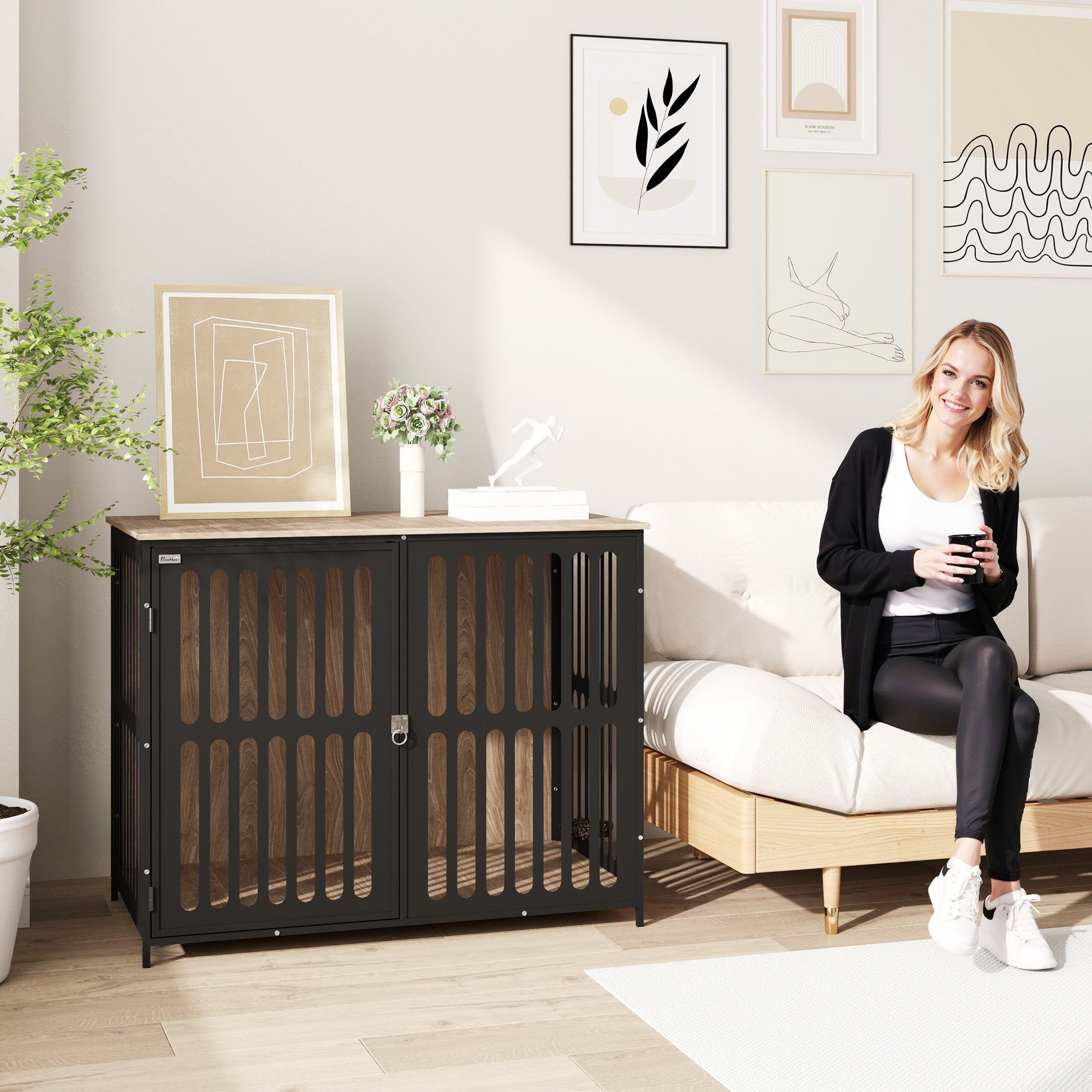 Dog Crate Furniture with Anti-Chew Resistant Mesh, Anti-Escape Single Door, for Large Dogs, 100 x 60 x 81.5 cm