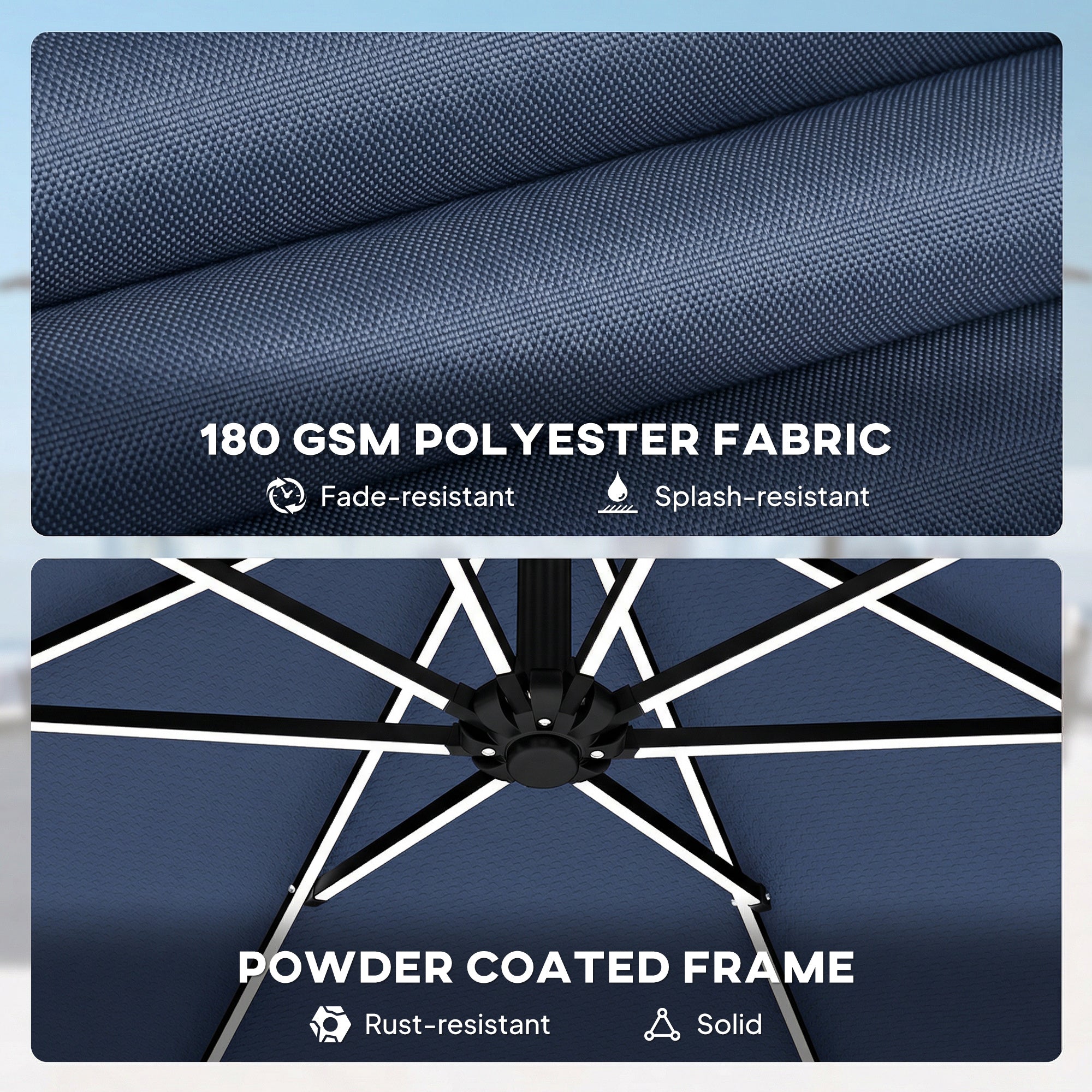 3 m Garden Cantilever Parasol with LED Solar Light, Round Overhanging Umbrella with 360° Rotation, Cover, Navy Blue