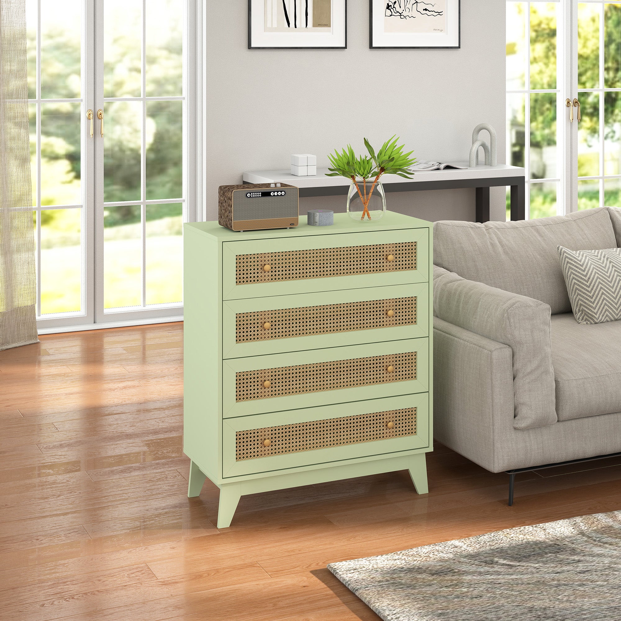 Rattan Chest of Drawers, 4 Drawer Storage Unit with Tapered Legs, Bedroom Storage Organiser Dresser for Bedside, Entryway, Hallway, Living Room, Light Green