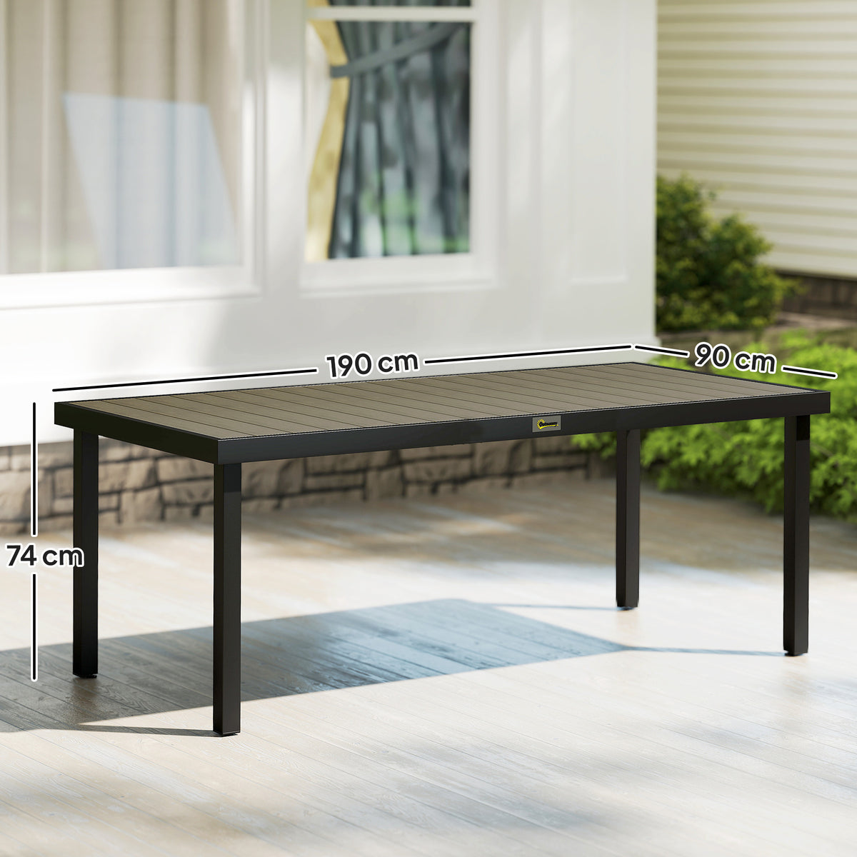 Aluminium Outdoor Garden Dining Table for 8 People, Faux Wood Top, for Garden, Patio, 190 x 90 x 74cm, Brown