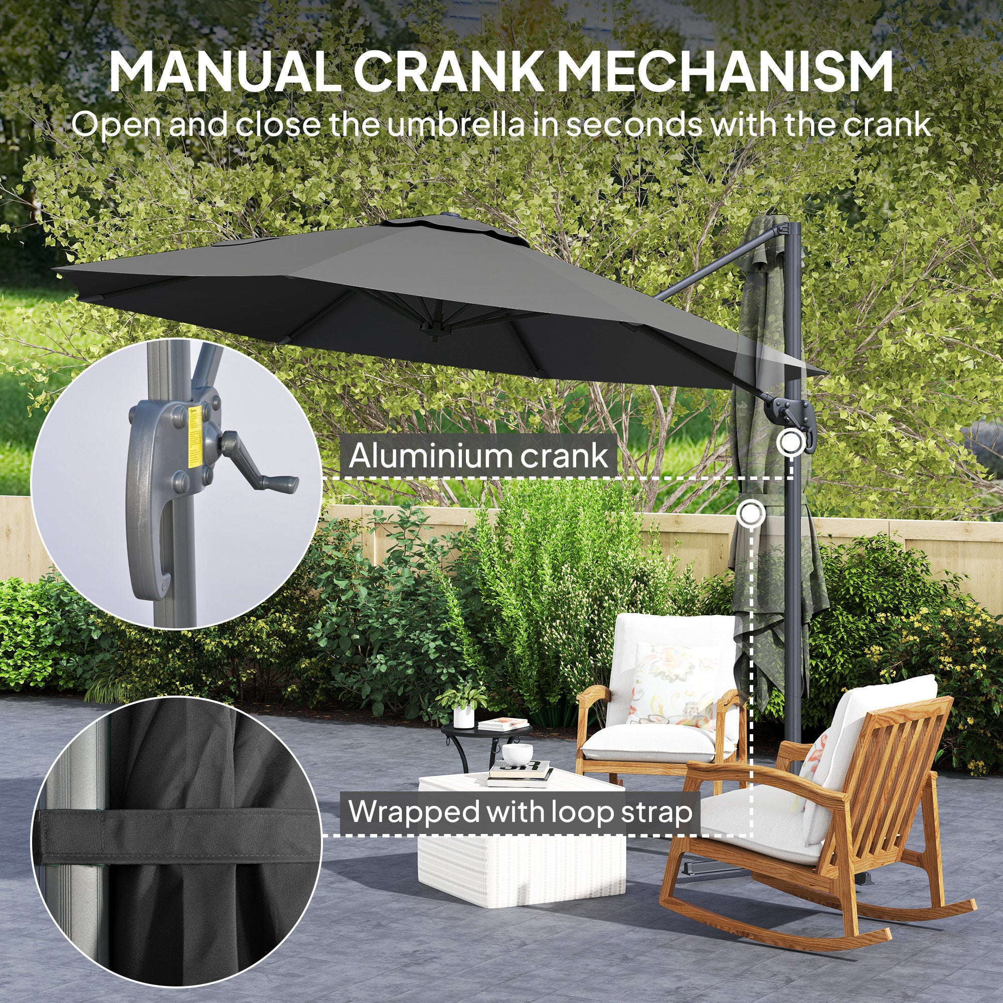 3 x 3 Metre Cantilever Parasol with 360° Rotation and Cross Base - Black