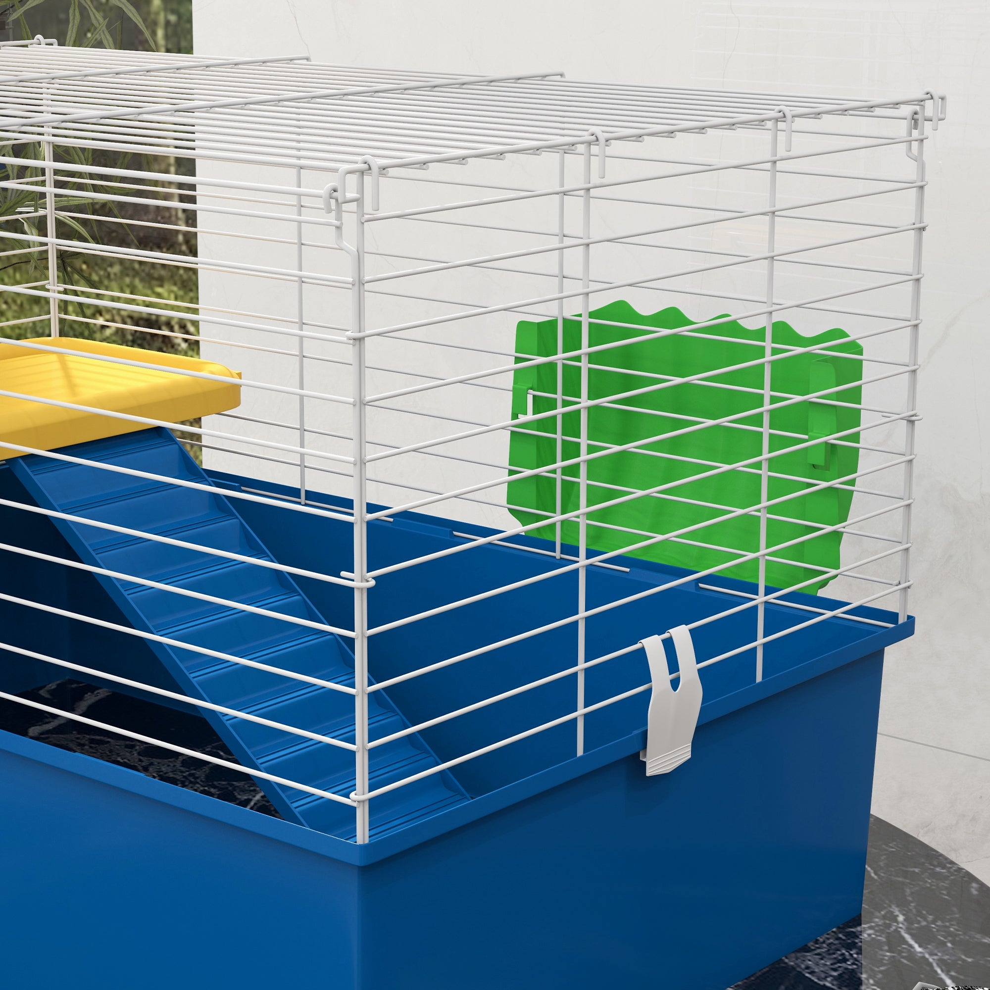 Chinchillas Small Rabbit Guinea Pig Small Animal Cage, Pet Playhouse, with Platform, Ramp, 71 x 46 x 47cm, Blue