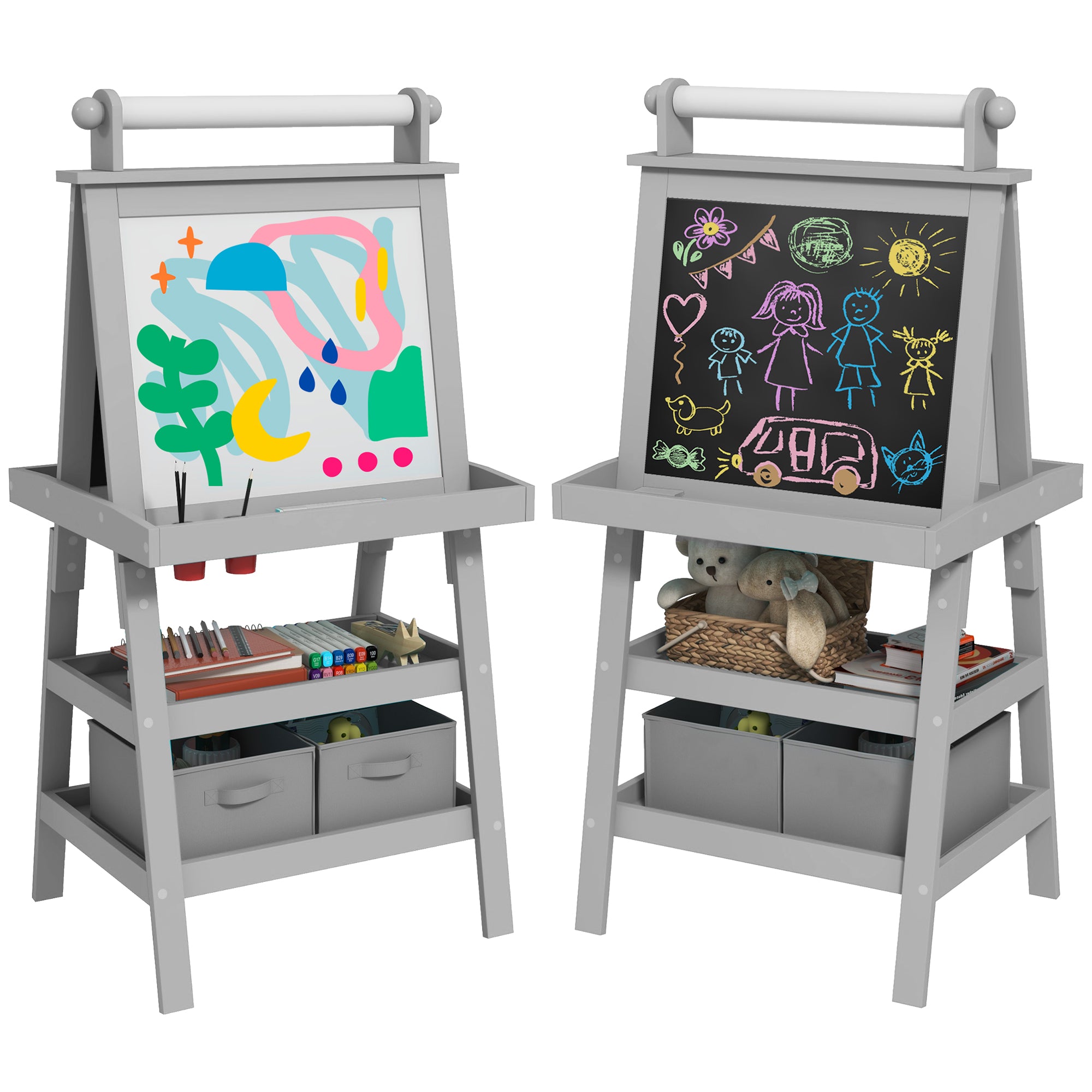 3 in 1 Kids Easel Double-Sided Magnetic Whiteboard and Chalkboard with Paper Roll, Storage Baskets - Grey