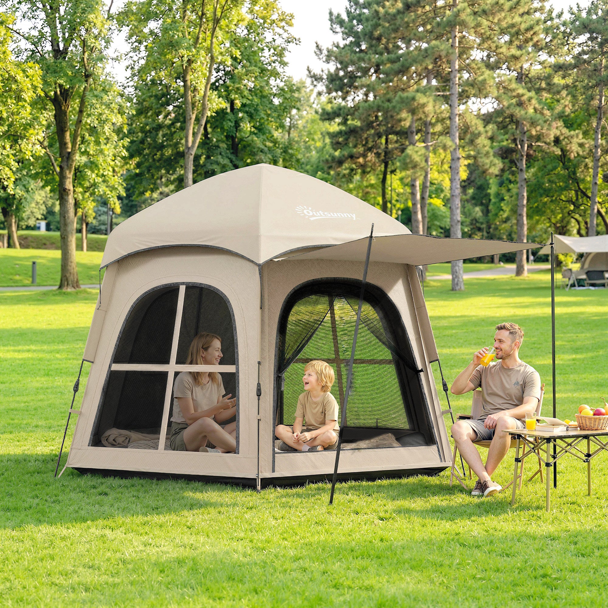 Pop Up Tent 3000mm Waterproof Instant Camping Tent 3-4 Person with 2 Doors 4 Windows Khaki