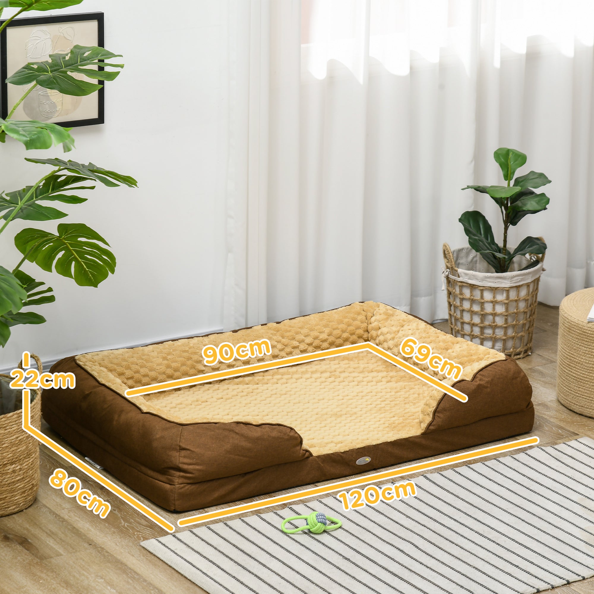 Calming Dog Bed Pet Mattress w/ Removable Cover, Anti-Slip Bottom, for Large Dogs, 120L x 80W x 22Hcm - Brown