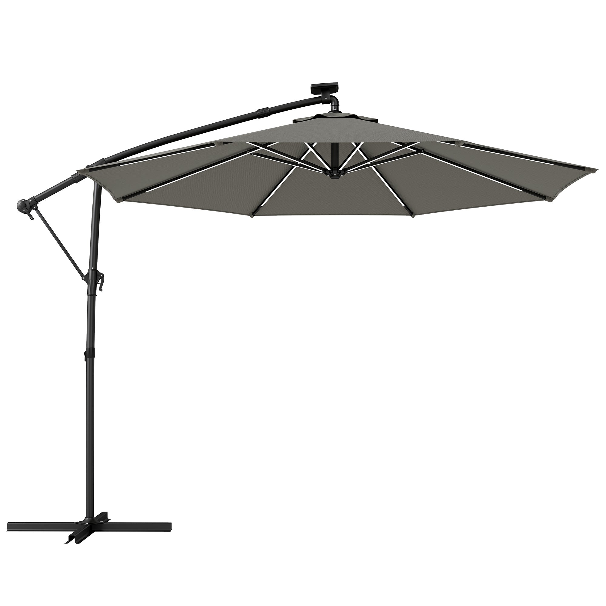 3 m Garden Cantilever Parasol with LED Solar Light, Round Overhanging Umbrella with 360° Rotation, Cover, Grey