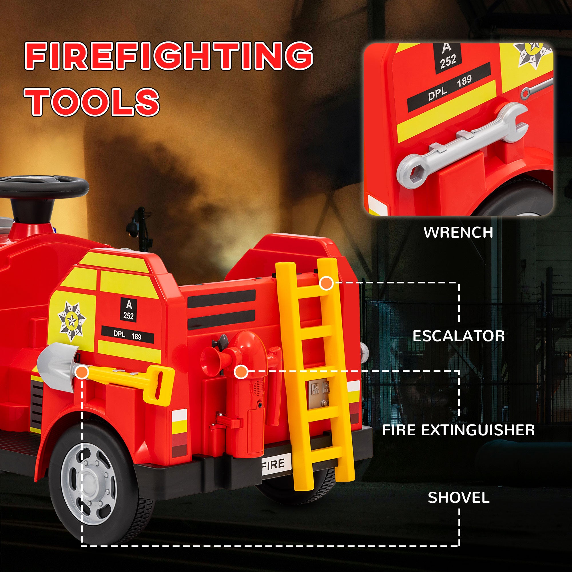 Ride on Fire Truck, 12V Kids Electric Car with Siren and Flashing Lights, Firefighting Tools, Music Horn, Slow Start