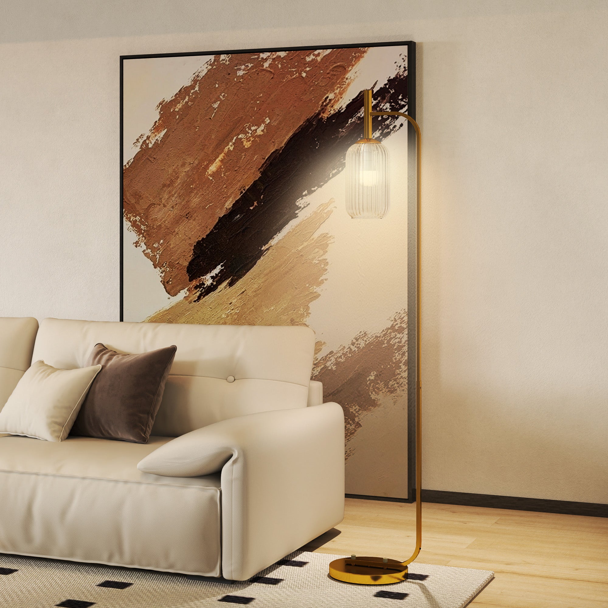 Modern Floor Lamp with Glass Lampshade and Foot Switch for Living Room & Bedroom - Gold Tone