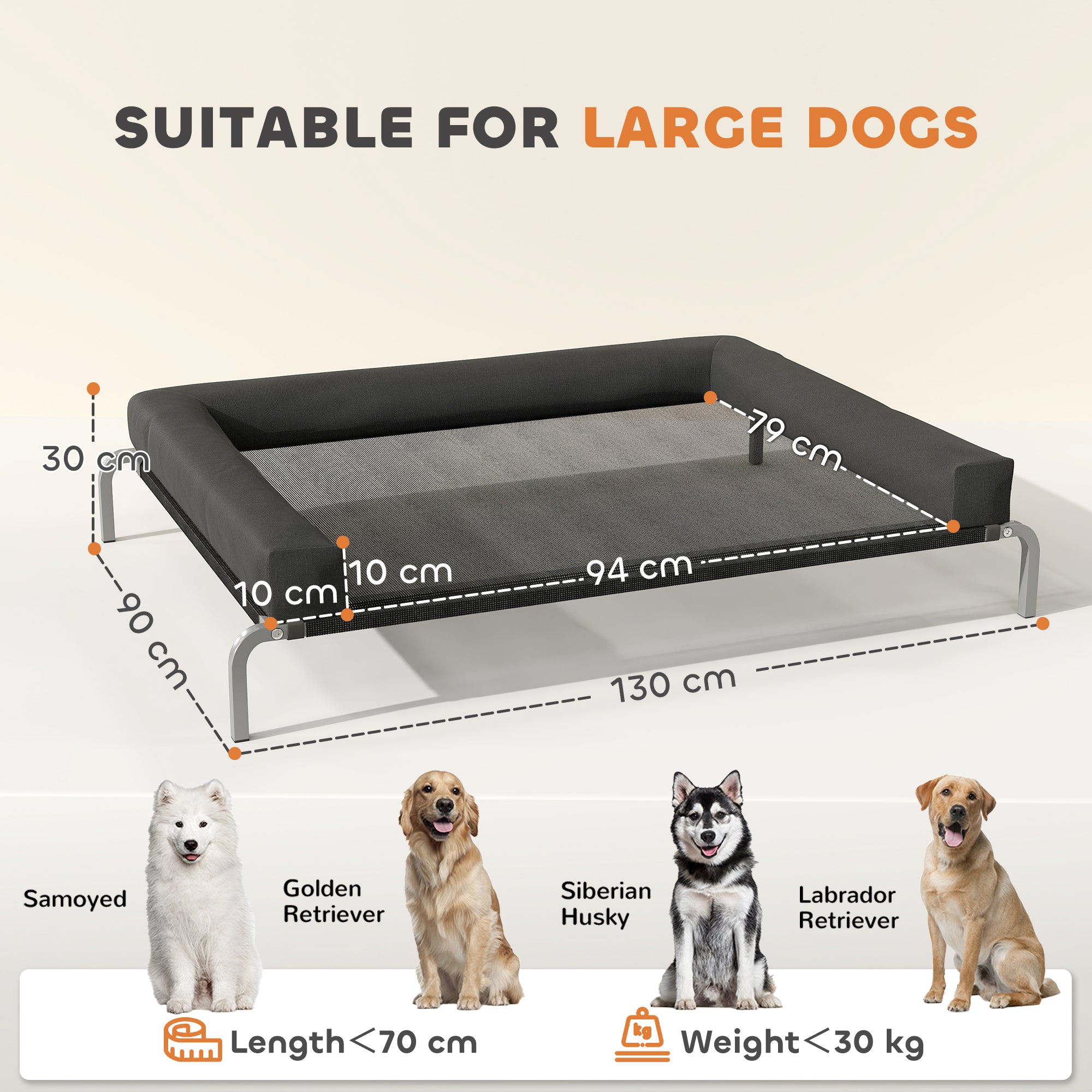 Elevated Dog Bed with Removable Bolsters, Raised Dog Bed for Large Breeds, Portable Indoor & Outdoor Pet Cots, Black