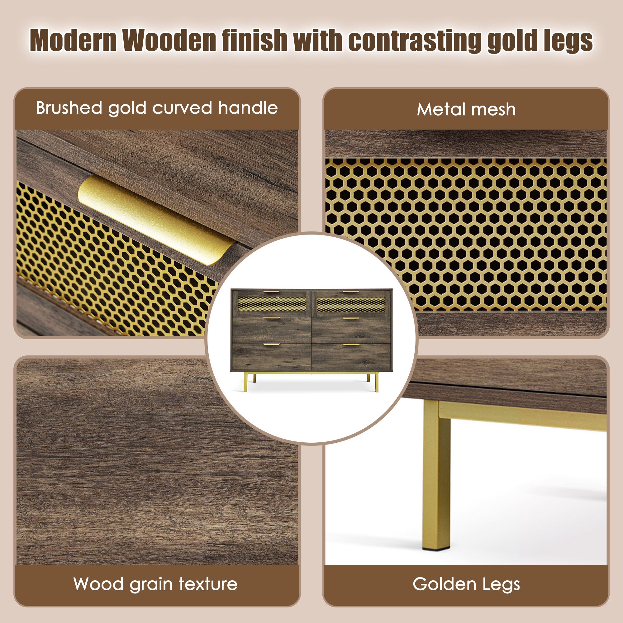 Sideboard Cabinet Dresser with 6 Drawers, Metal Handles, Multipurpose Storage Cabinet for Hallway, Bedroom, 120L x 40W x 76H cm, Dark Brown