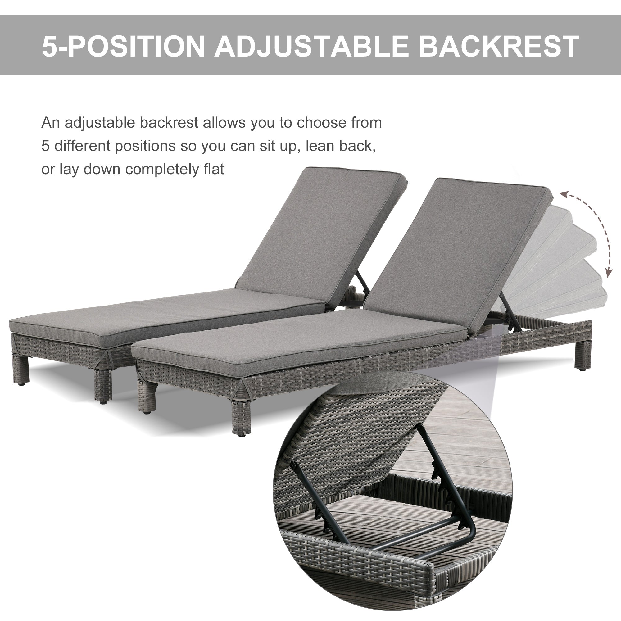 2 Seater Rattan Sun Lounger Set w/ Adjustable Steel Frame-Grey