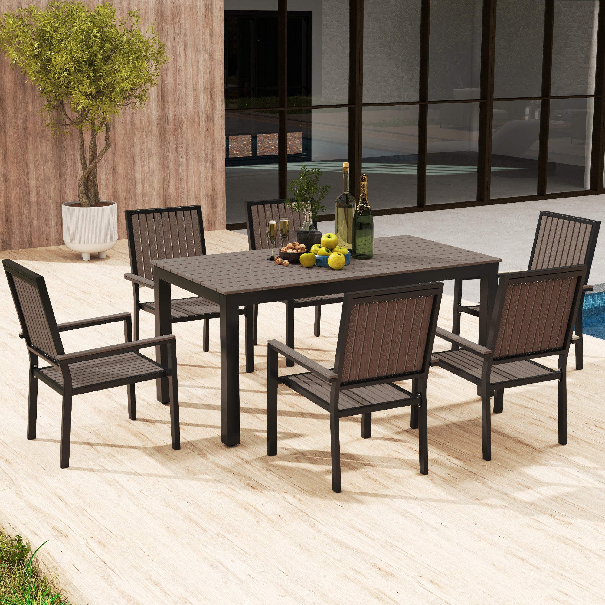 6 Seater Garden Dining Set with Stackable Chairs and Rectangular Aluminium Frame Table - Brown