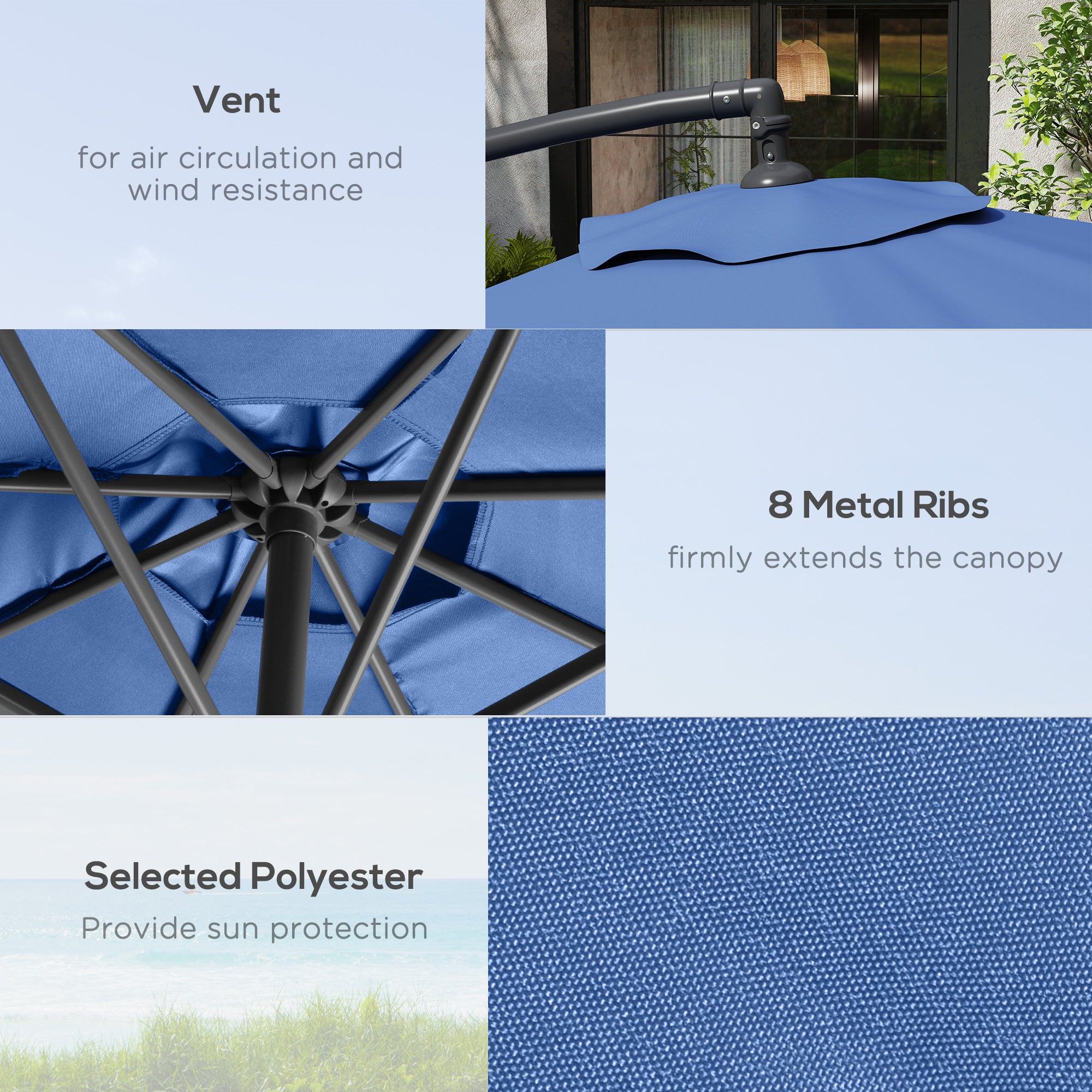 3m Overhanging Parasol, with Base, Weights and Cover - Blue