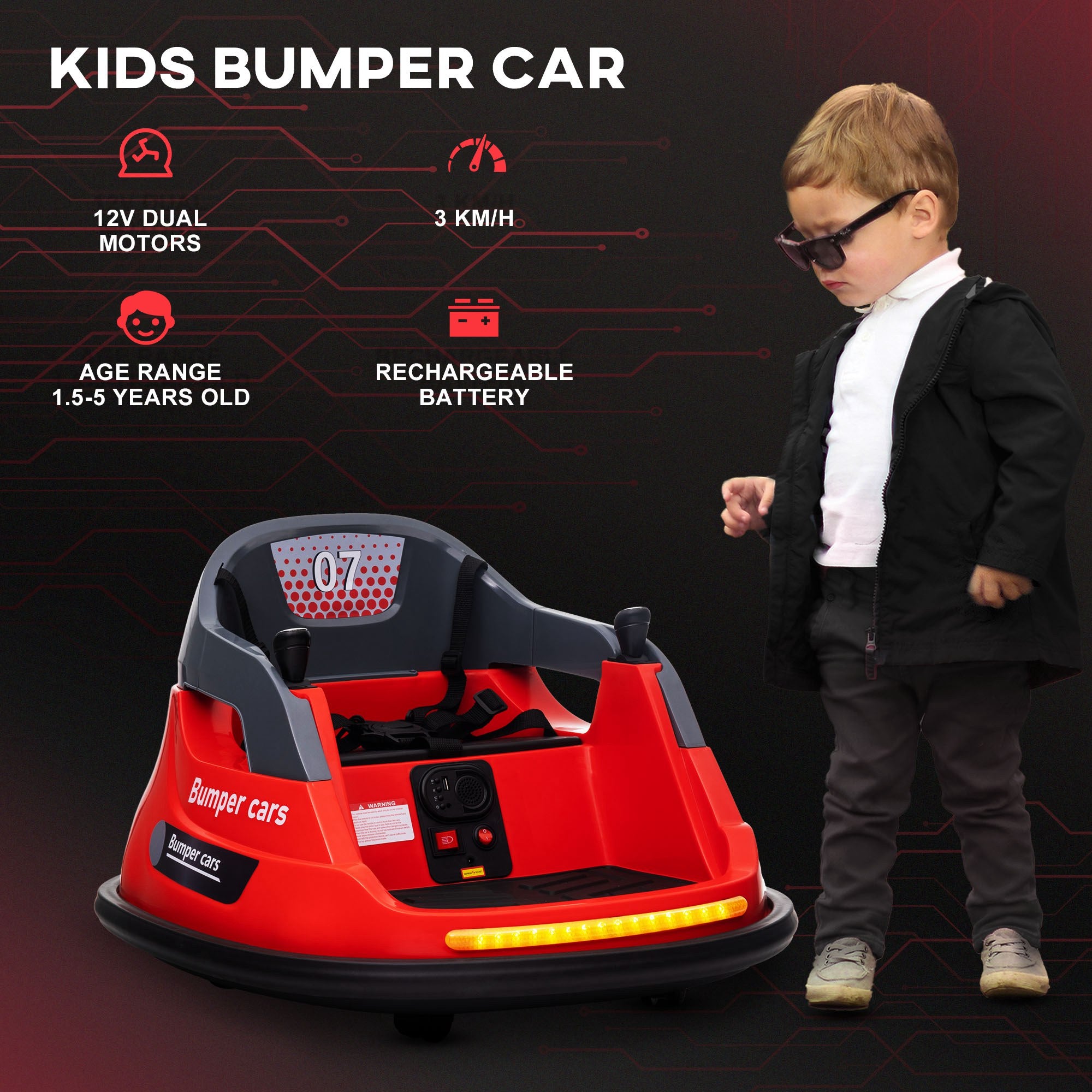 Bumper Car, 360° Rotation Spin 12V Kids Electric Car with Lights, Music, for Ages 1.5-5 Years - Red