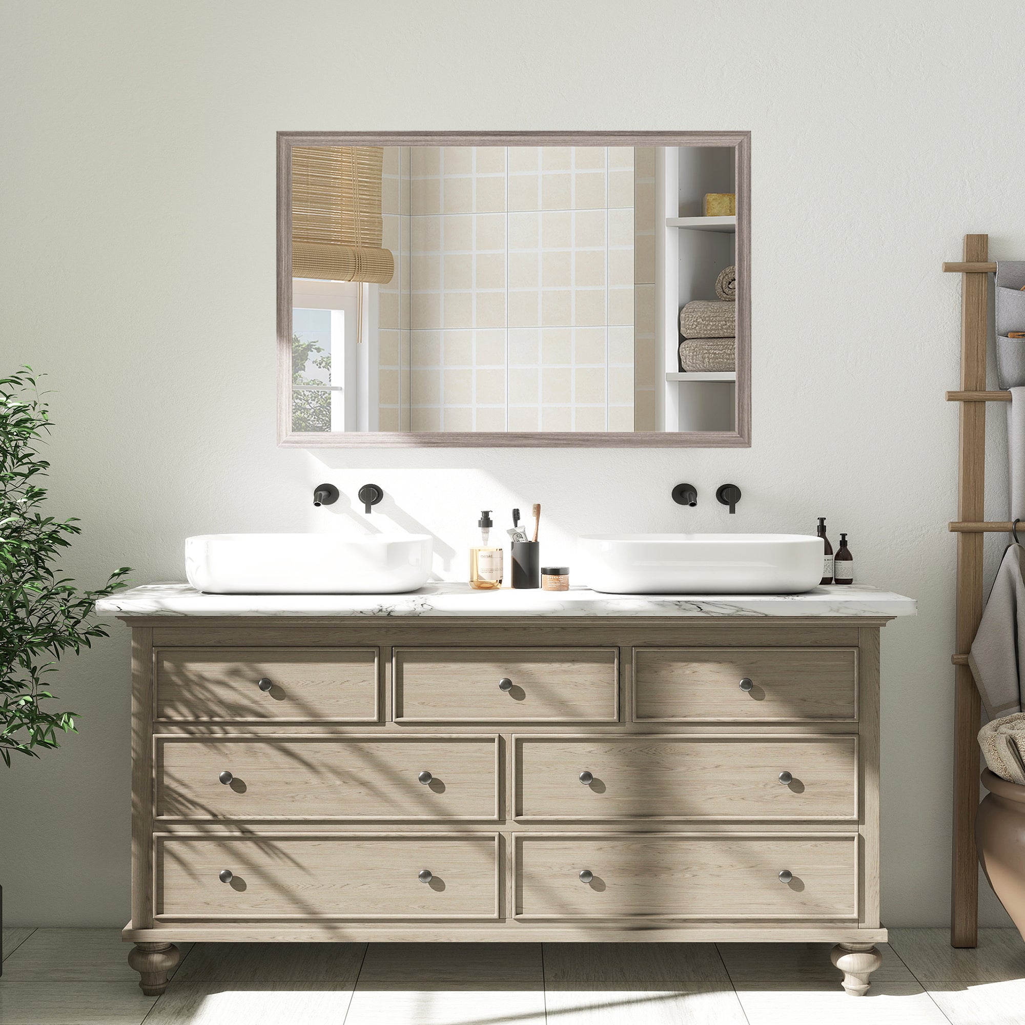 Wall Bathroom Mirror, 50 x 70 cm Wall-Mounted Mirror for Living Room, Bedroom, Hallway, Grey
