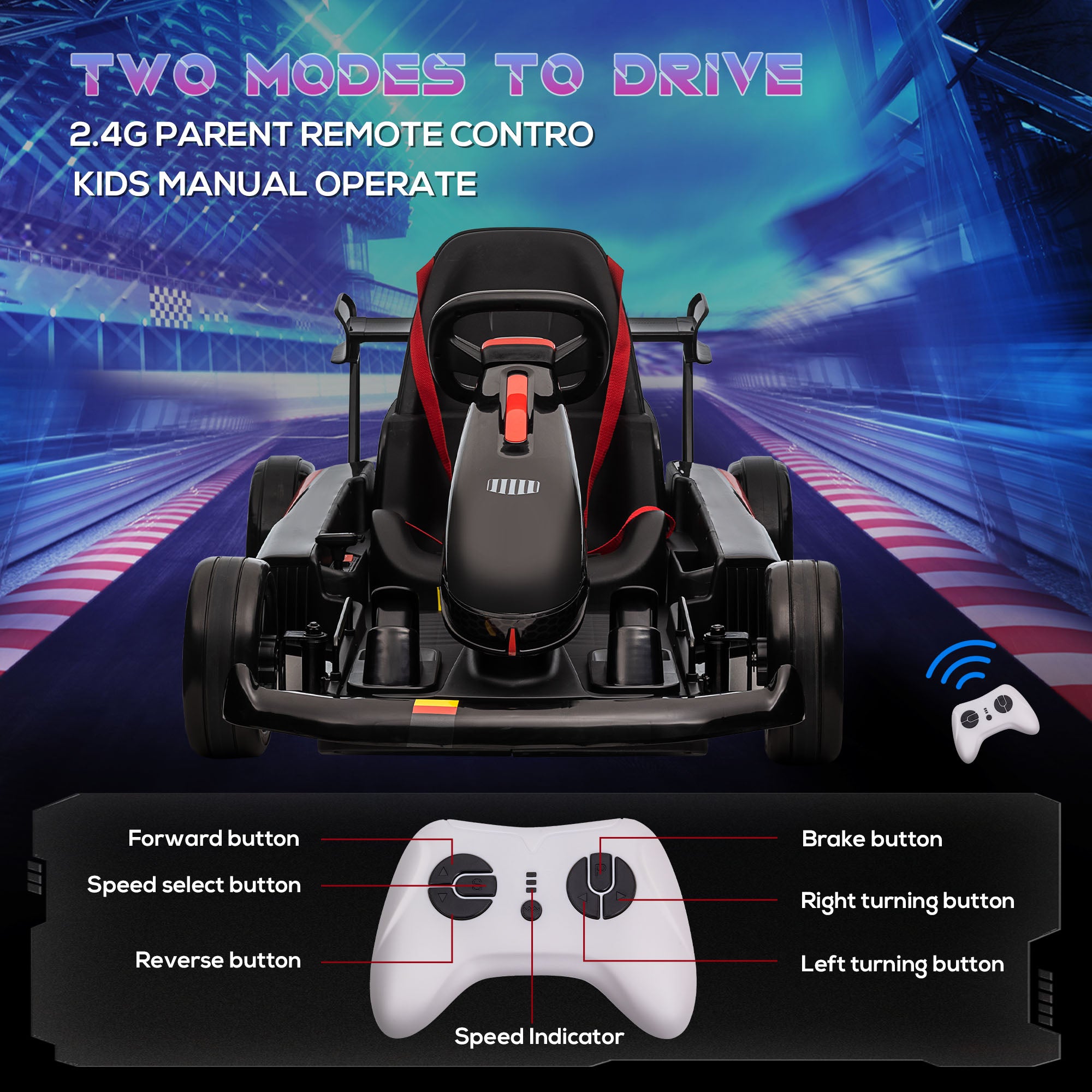 Electric Go Kart with Adjustable Footrest, Reversing Steering Wheel, Kids Ride-On Racing Go Kart with 12V Rechargeable Battery, 2 Speeds, Remote, Light Music Horn, Toy for Boys Girls - Black