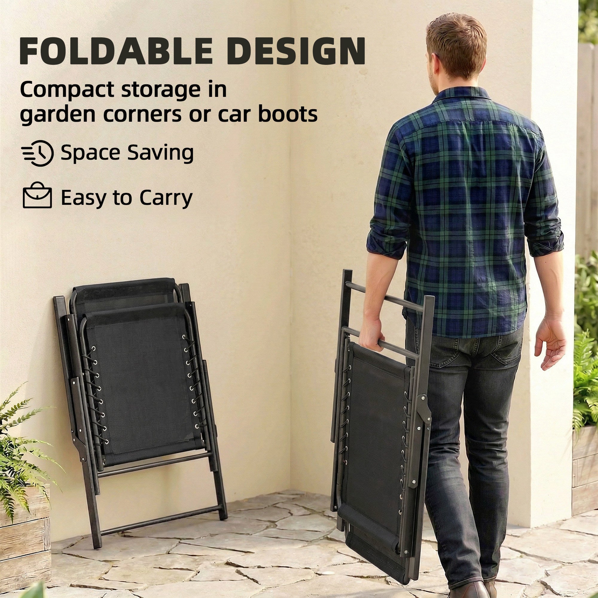 Folding Garden Chairs Set of 4, Outdoor Dining Chairs with Wide Texteline Seat, High Back and Armrests, Black