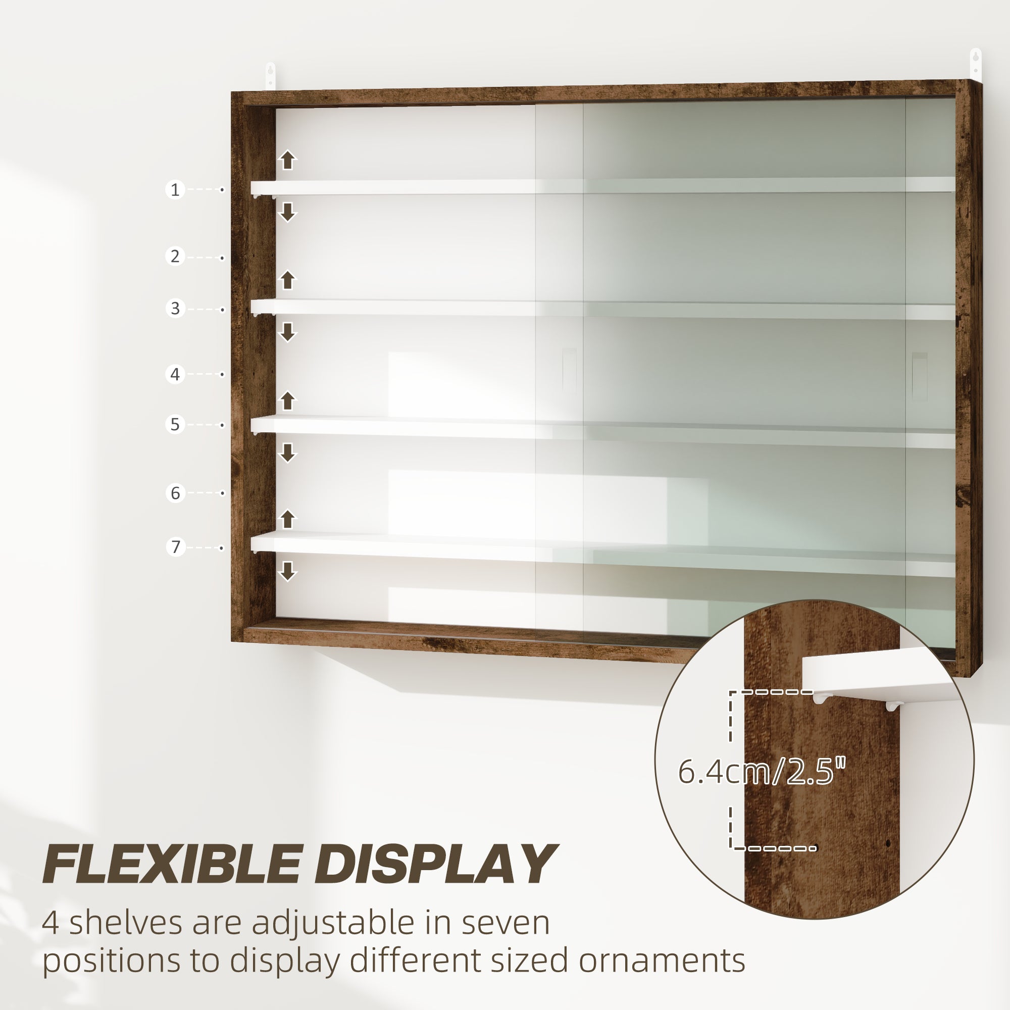 5-Tier Wall Display Shelf Cabinet with 4 Adjustable Shelves and Glass Doors 60x80cm - Rustic Brown