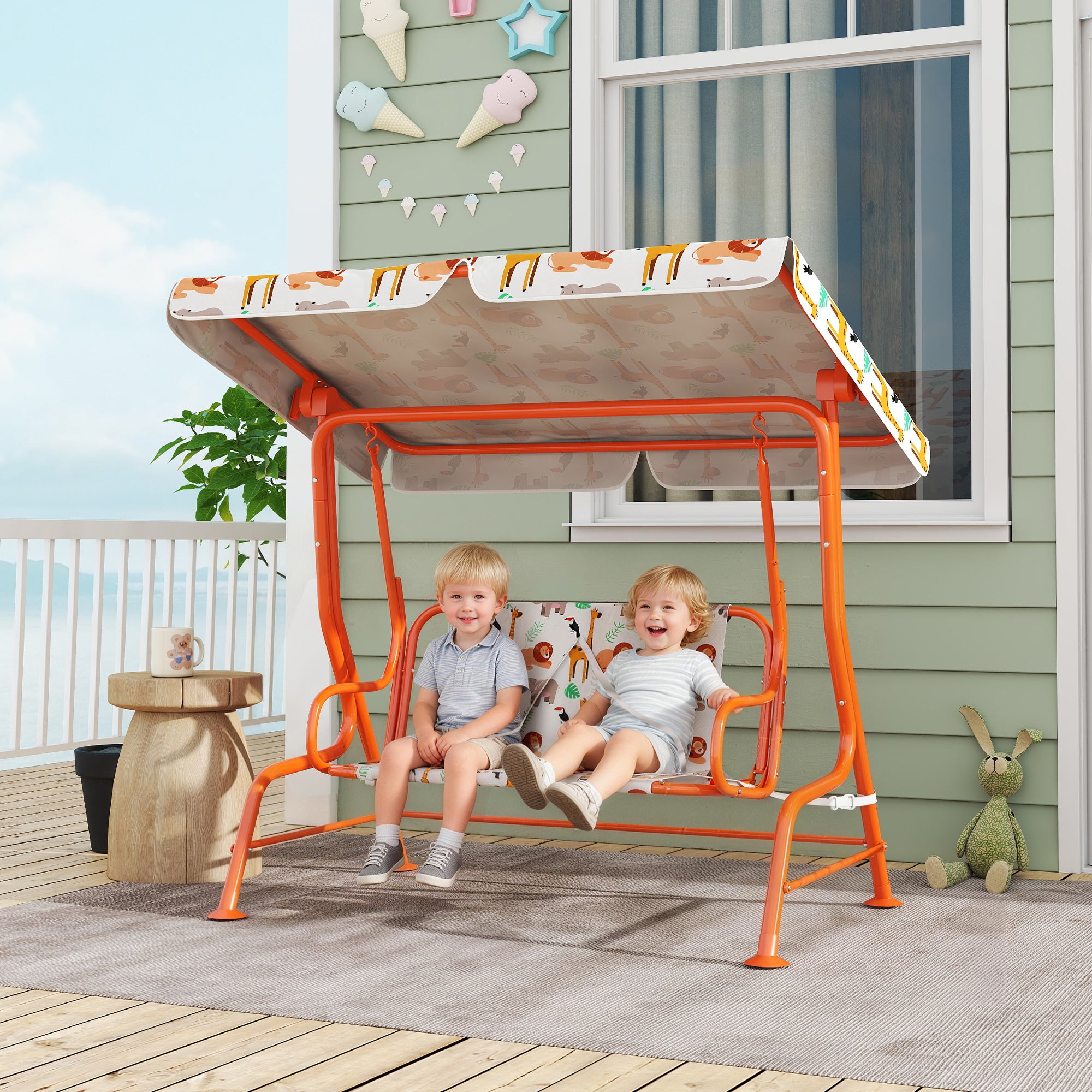 Kids Porch Swing, 2-Seater Patio Swing Bench Hammock with Seat Belts, Adjustable Canopy for Garden, Orange