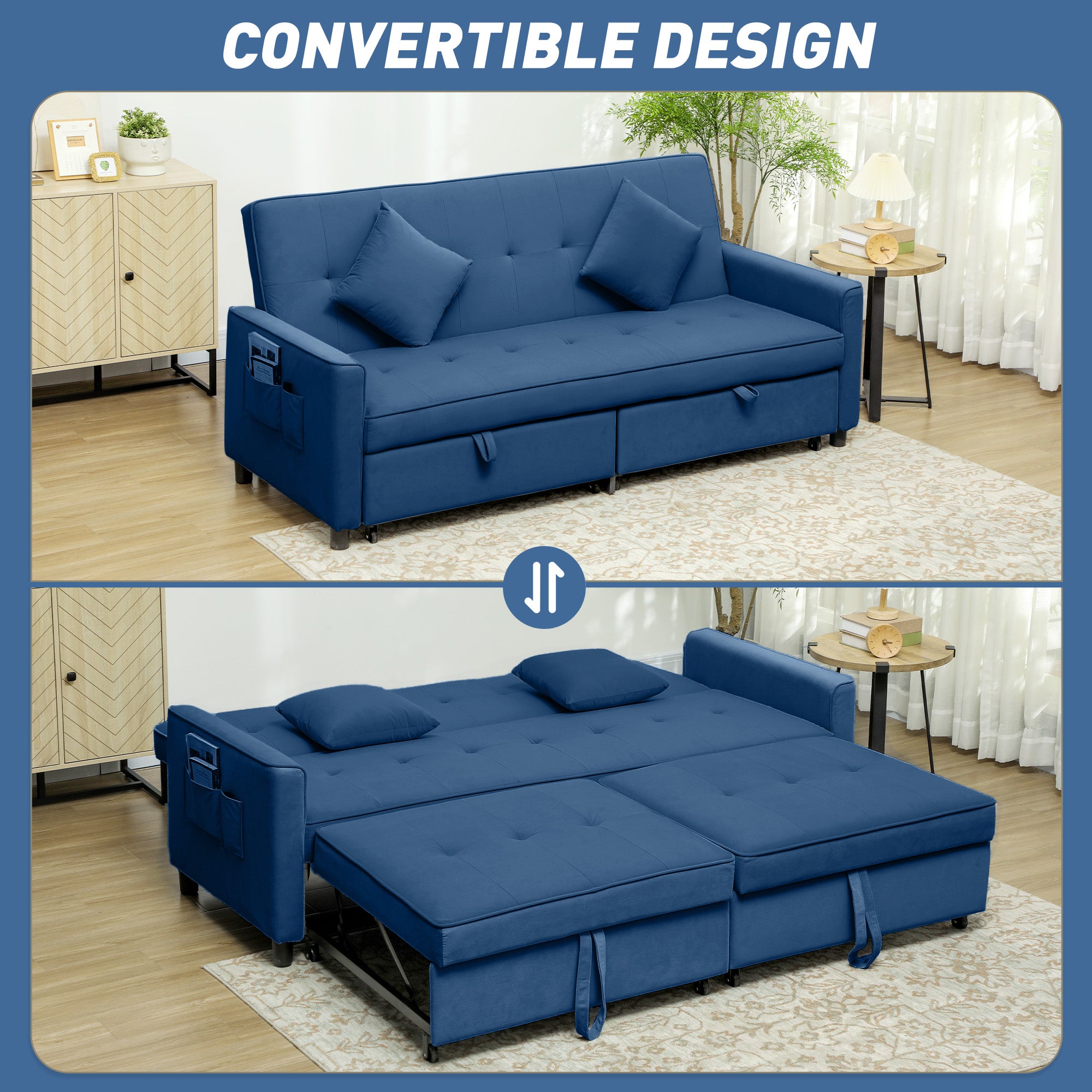 Three-Person Velvet-Feel Sofa Bed with Cushions and Adjustable Backrest - Blue