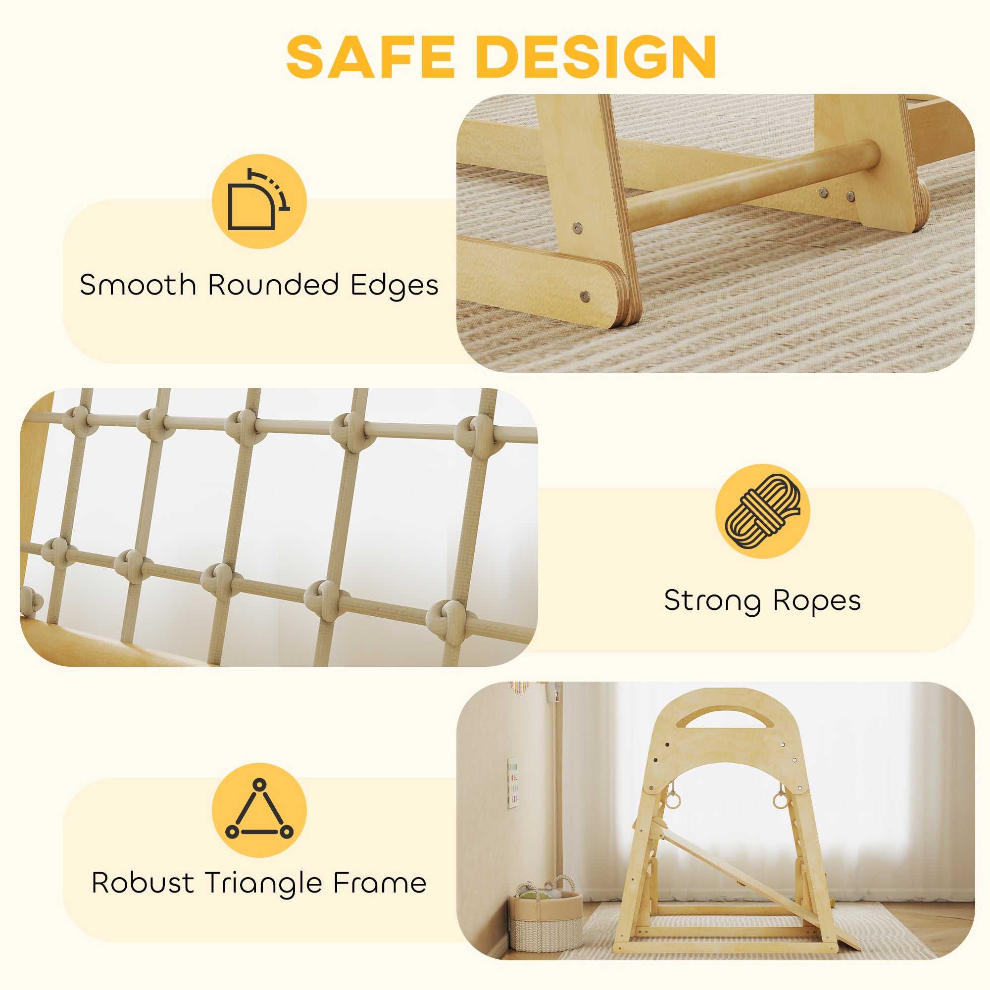 6 in 1 Kids Climbing Frame with Slide, Monkey Bars, Gymnastics Rings, Ladder, Climbing Net, for 3-6 Years, Natural Tone