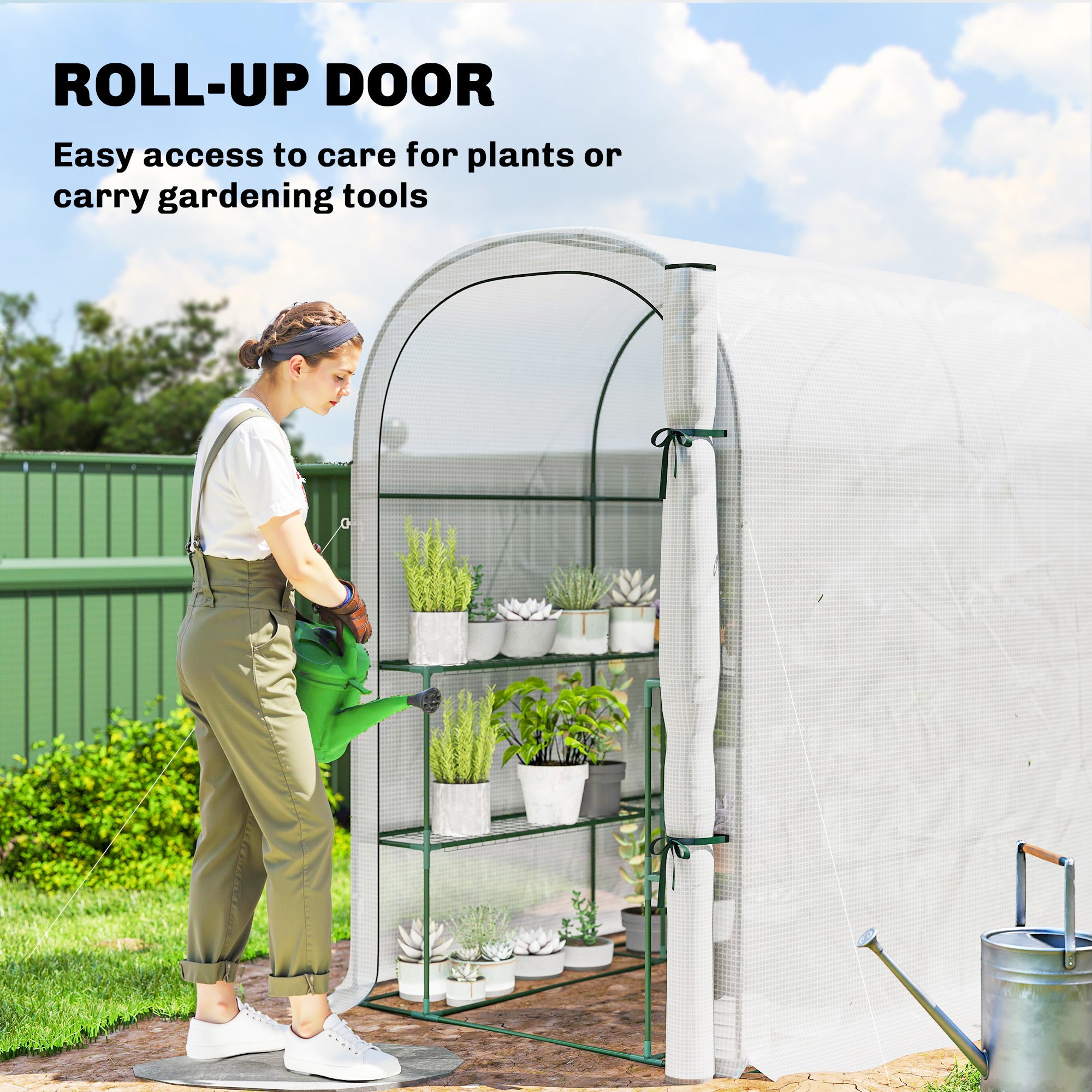 Walk-in Greenhouse with Shelves, Small Greenhouse with PE Cover and Roll-up Door, 123 x 187 x 189 cm, White