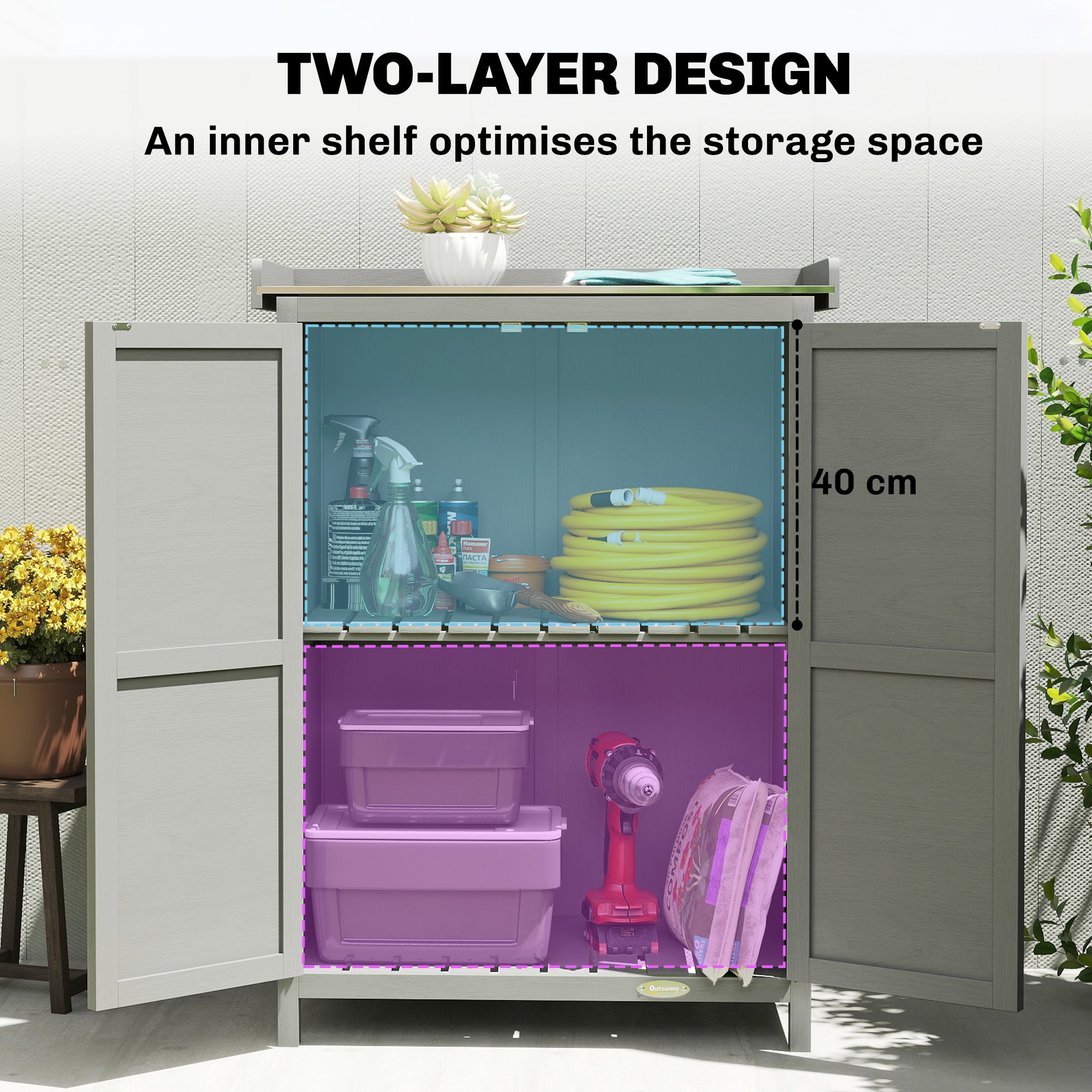 Wooden Garden Shed, Garden Tool Storage Shed with Shelf and Side Hooks, 71.5 x 39 x 95 cm, Grey