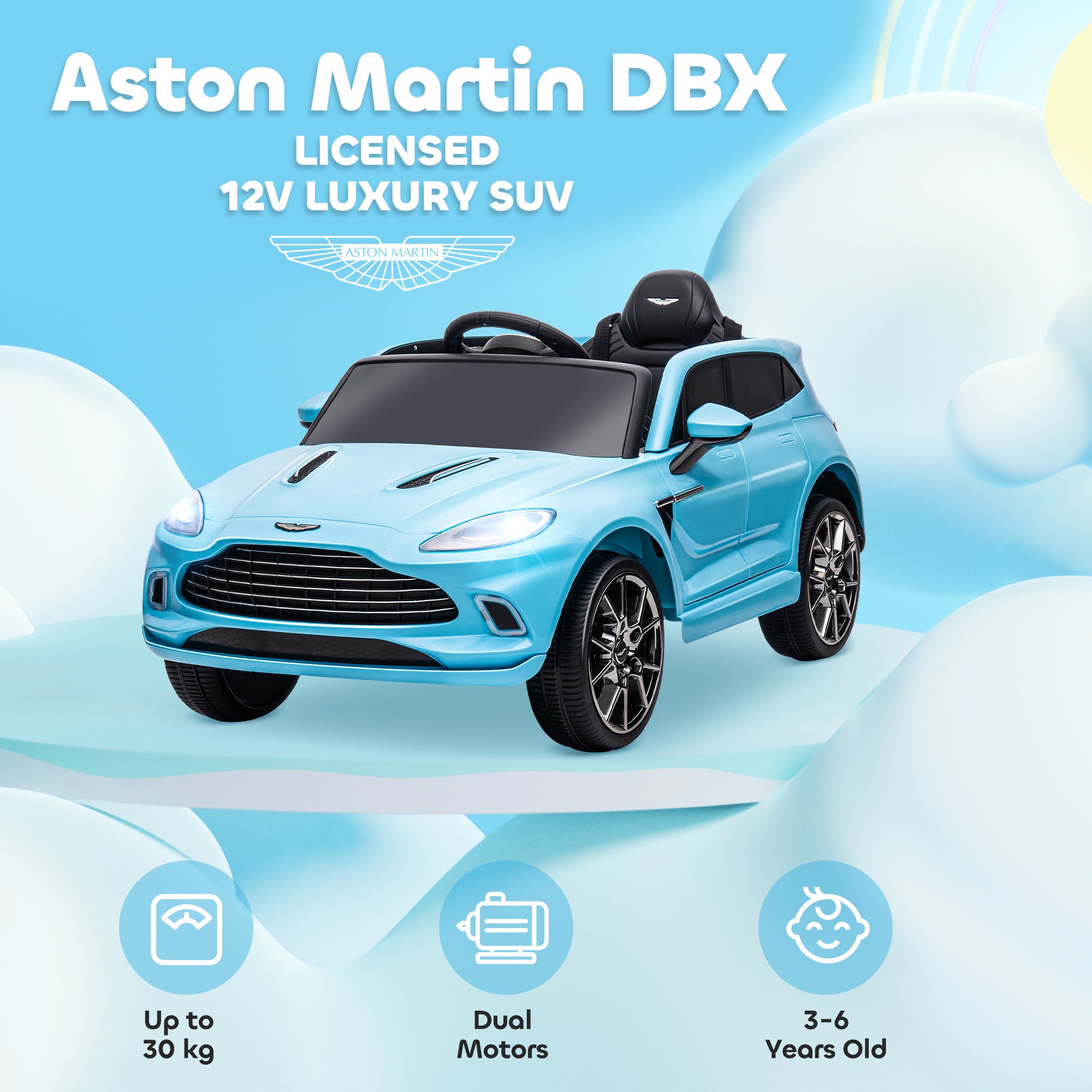 Aston Martin DBX Licensed Battery Powered Kids Electric Car, 12V Kids Ride on Car w/ Lights, Music Horn, Blue