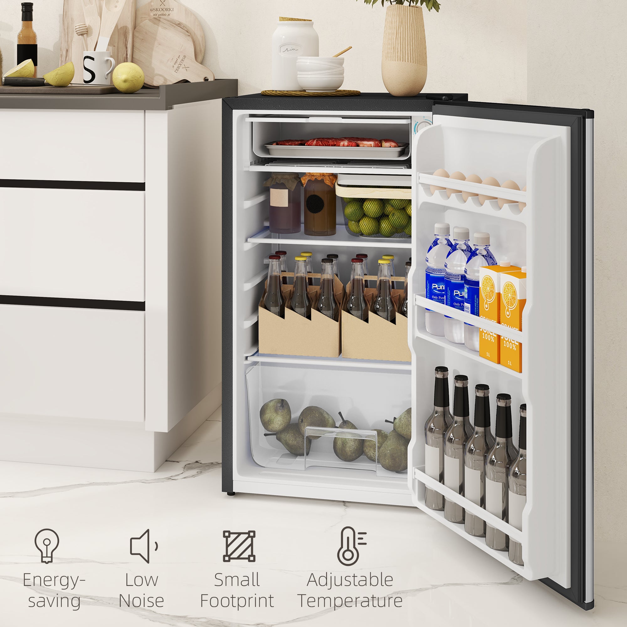 Under Counter Fridge, 91L Small Fridge with Chiller Box, Removable Shelf, Reversible Door, Adjustable Legs, Mini Refrigerator, Silver Tone